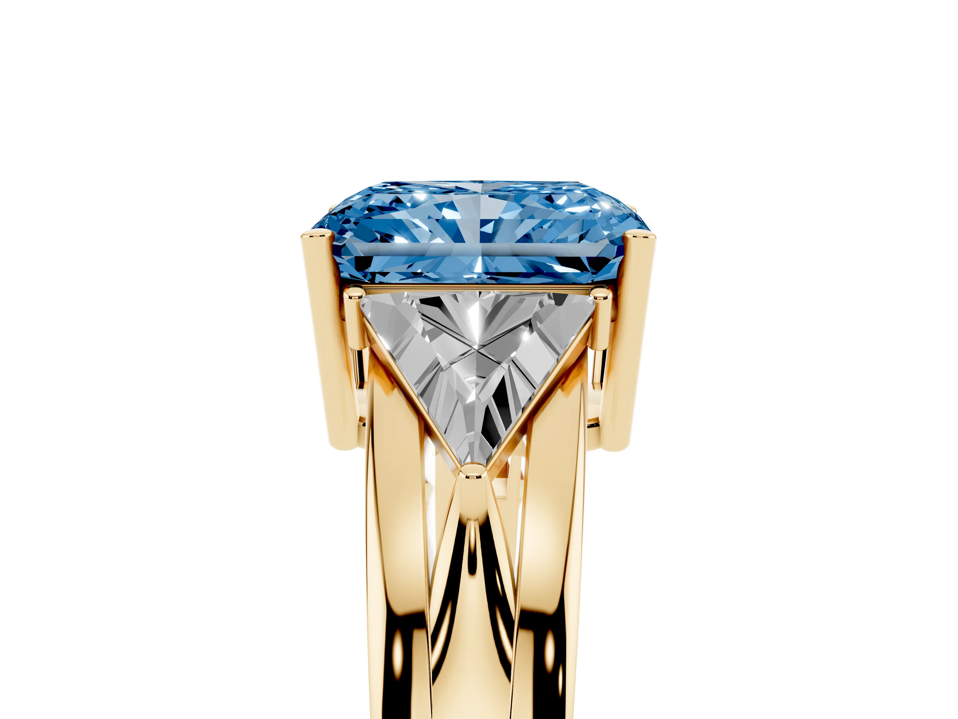 Fancy Blue Radiant Cut Diamond Three-Stone Ring Set in Yellow gold with Trillion Side Stones and Split Shank