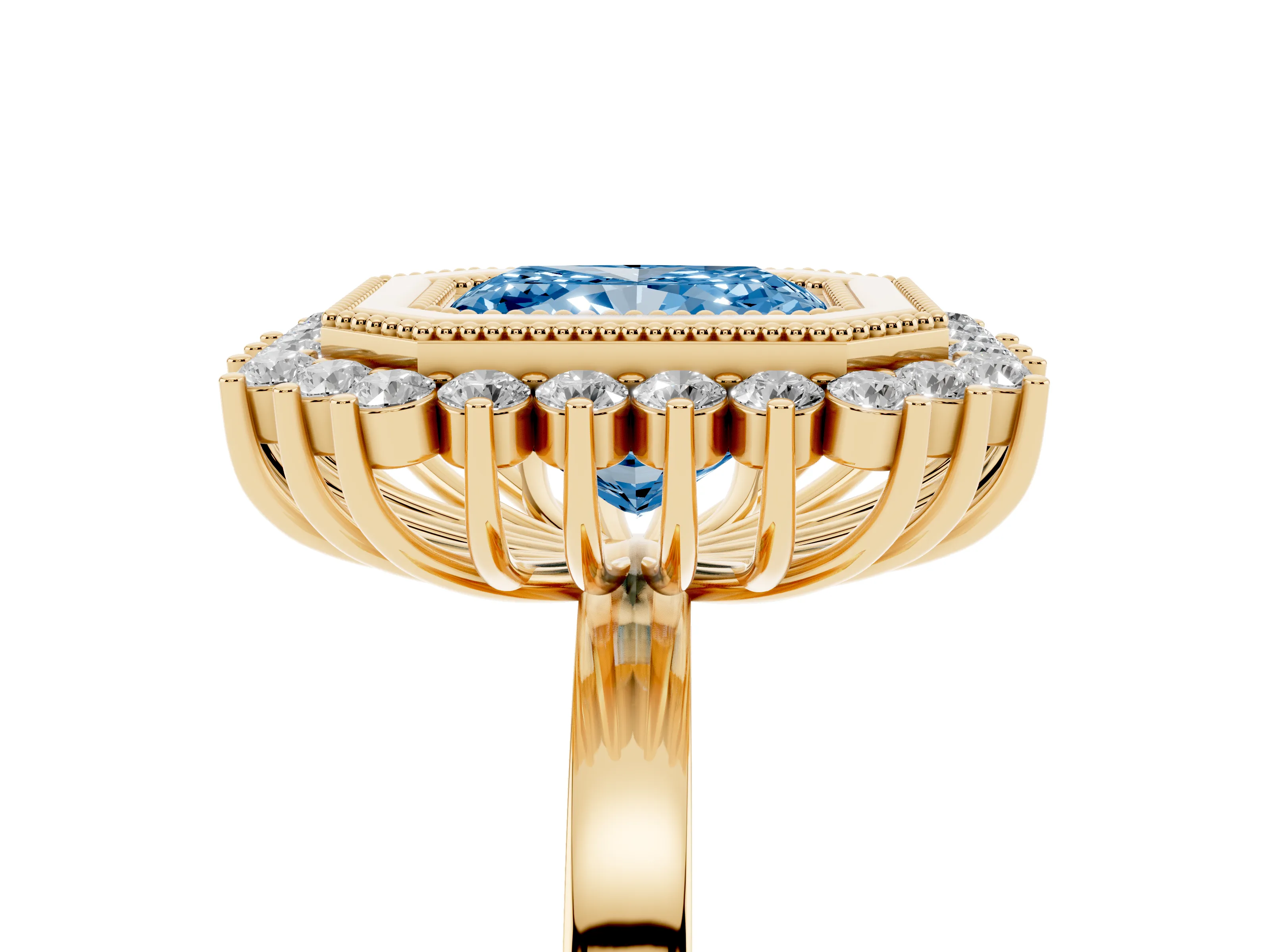 Fancy Blue Radiant Cut Diamond Halo Ring Set in Yellow gold with Milgrain Edge and Round Prong Setting