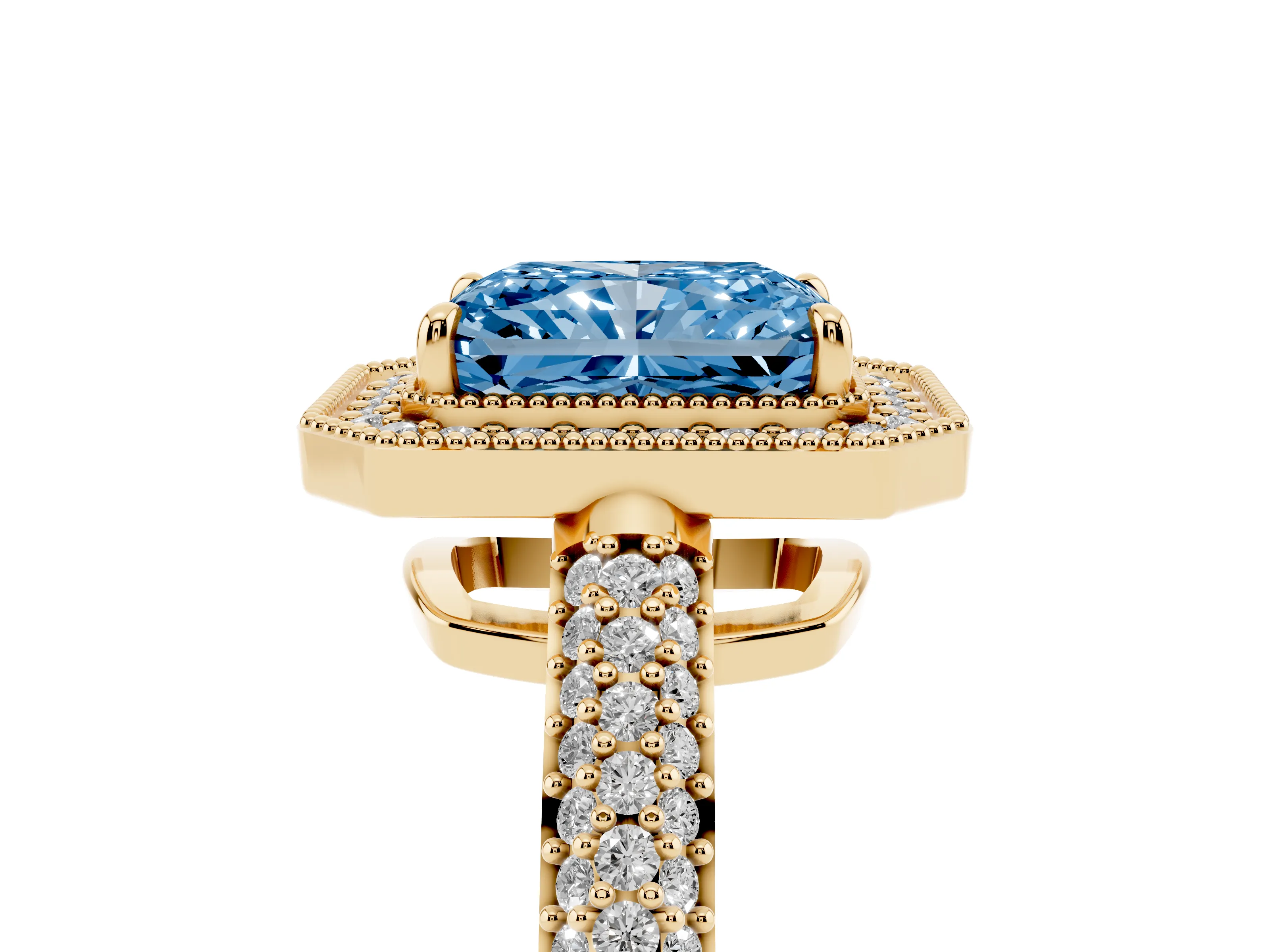Fancy Blue Radiant Cut Diamond Halo Pavé Band Set in Yellow gold with Prong Setting