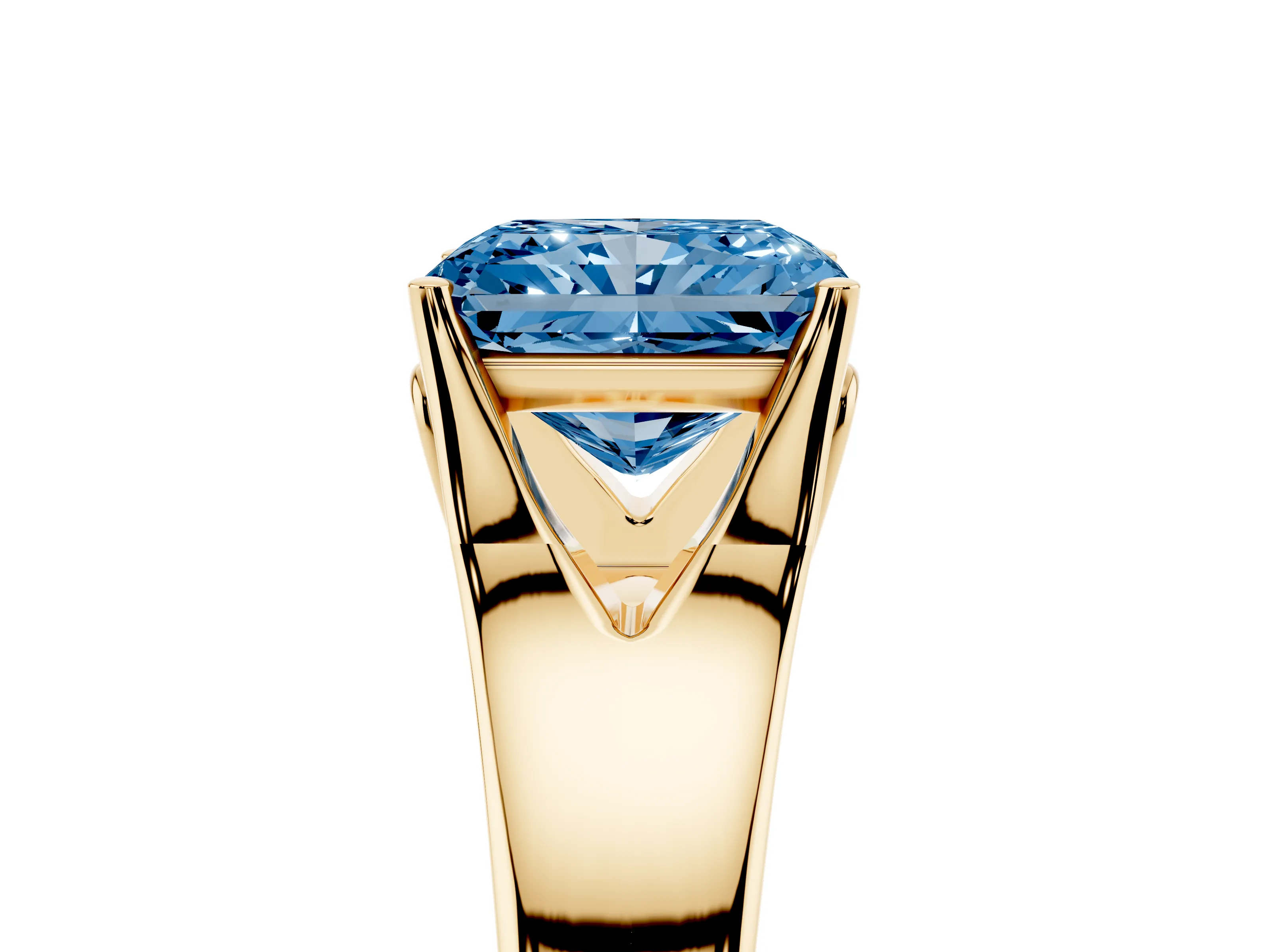 Fancy Blue Radiant Cut Diamond Solitaire Ring Set in Yellow gold with Arched Cathedral Band and Prong Setting