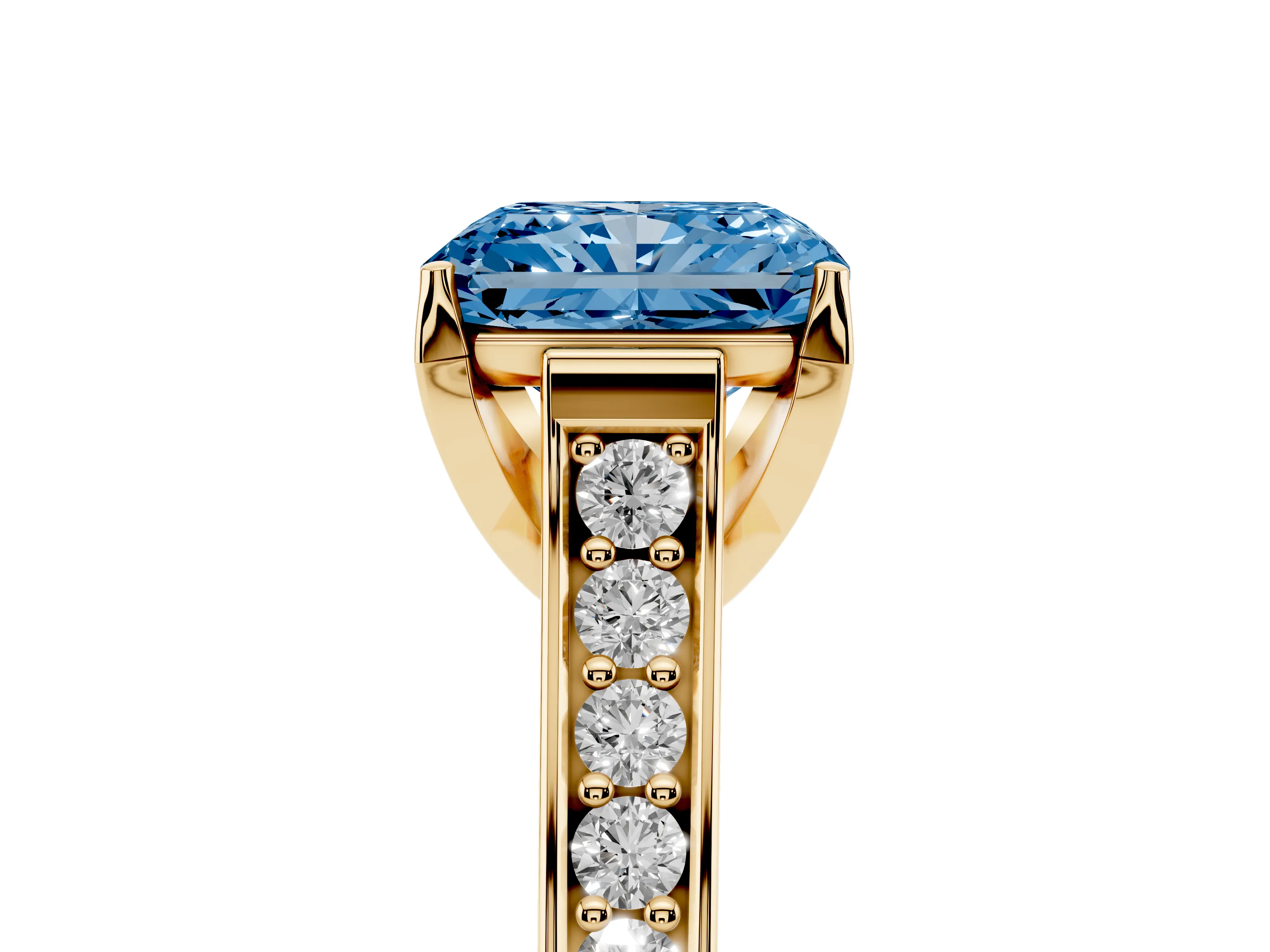 Fancy Blue Radiant Cut Diamond Solitaire Pavé Engagement Ring Set in Yellow gold with Prong Setting