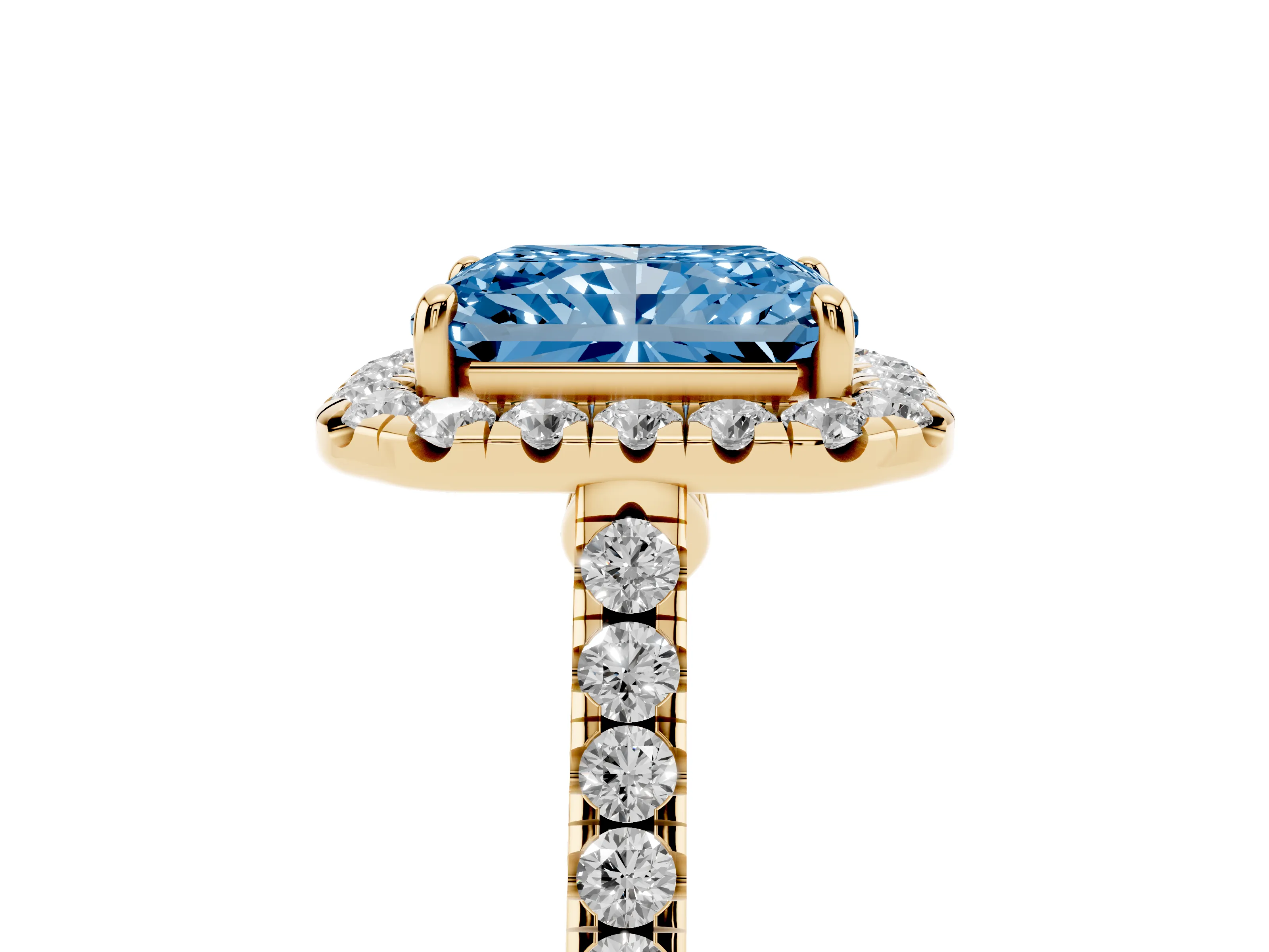 Fancy Blue Radiant Cut Diamond Halo Pavé Engagement Ring Set in Yellow gold with Prong Setting