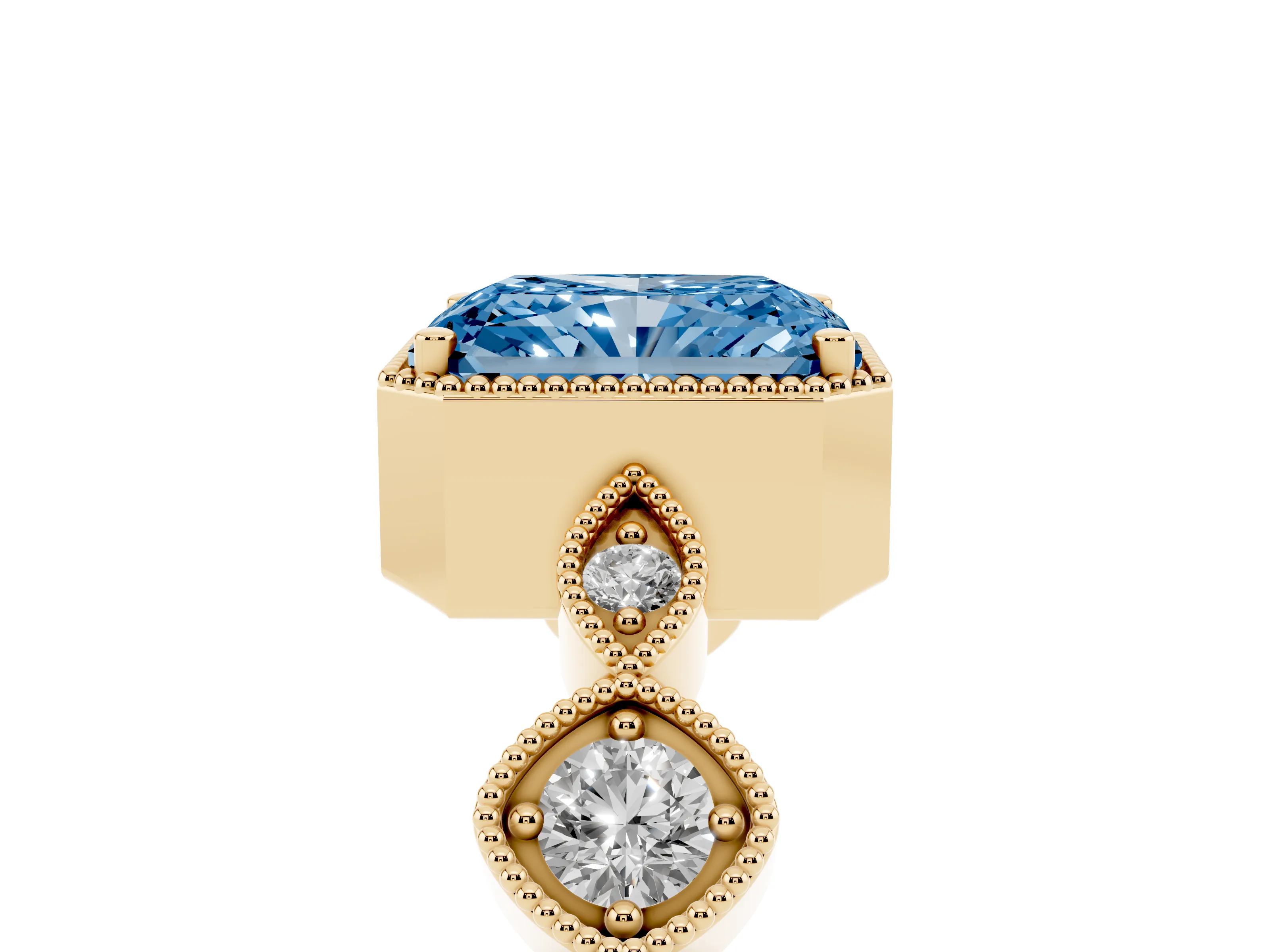 Fancy Blue Radiant Cut Diamond Vintage-Inspired Milgrain Ring Set in Yellow gold with Marquise Stations of Round Accents