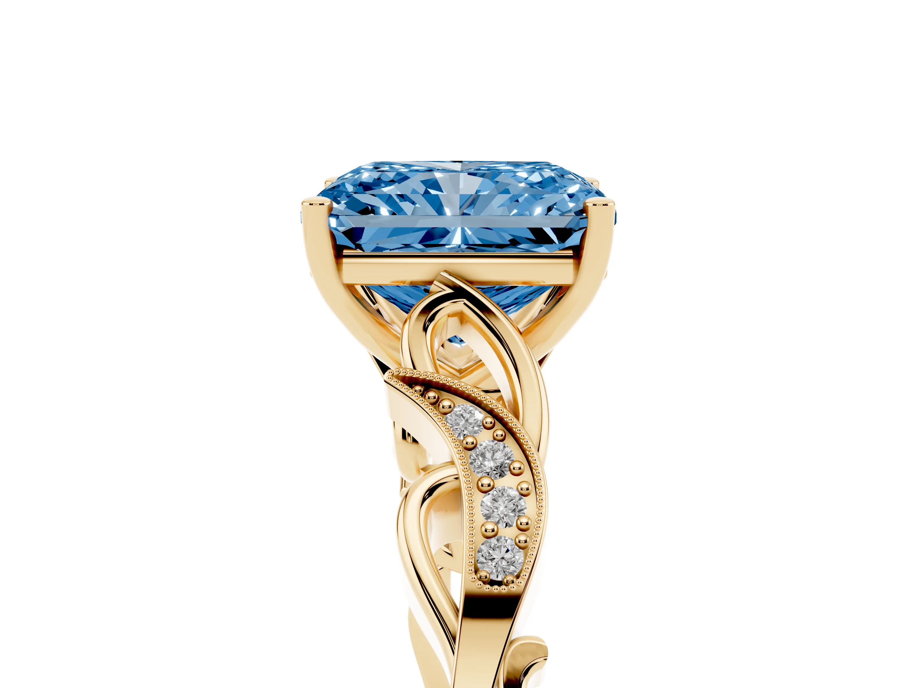 Fancy Blue Radiant Cut Diamond Vine Band Solitaire Ring Set in Yellow gold with Milgrain Prong Setting