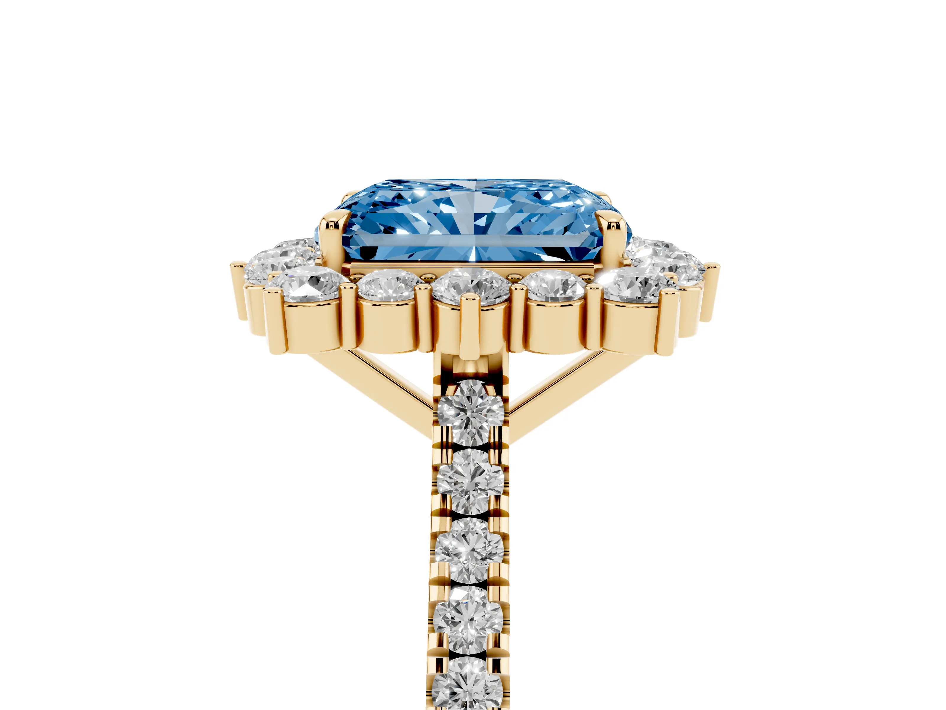 Fancy Blue Radiant Cut Diamond Halo Ring Set in Yellow gold with Pavé Band and Prong Setting