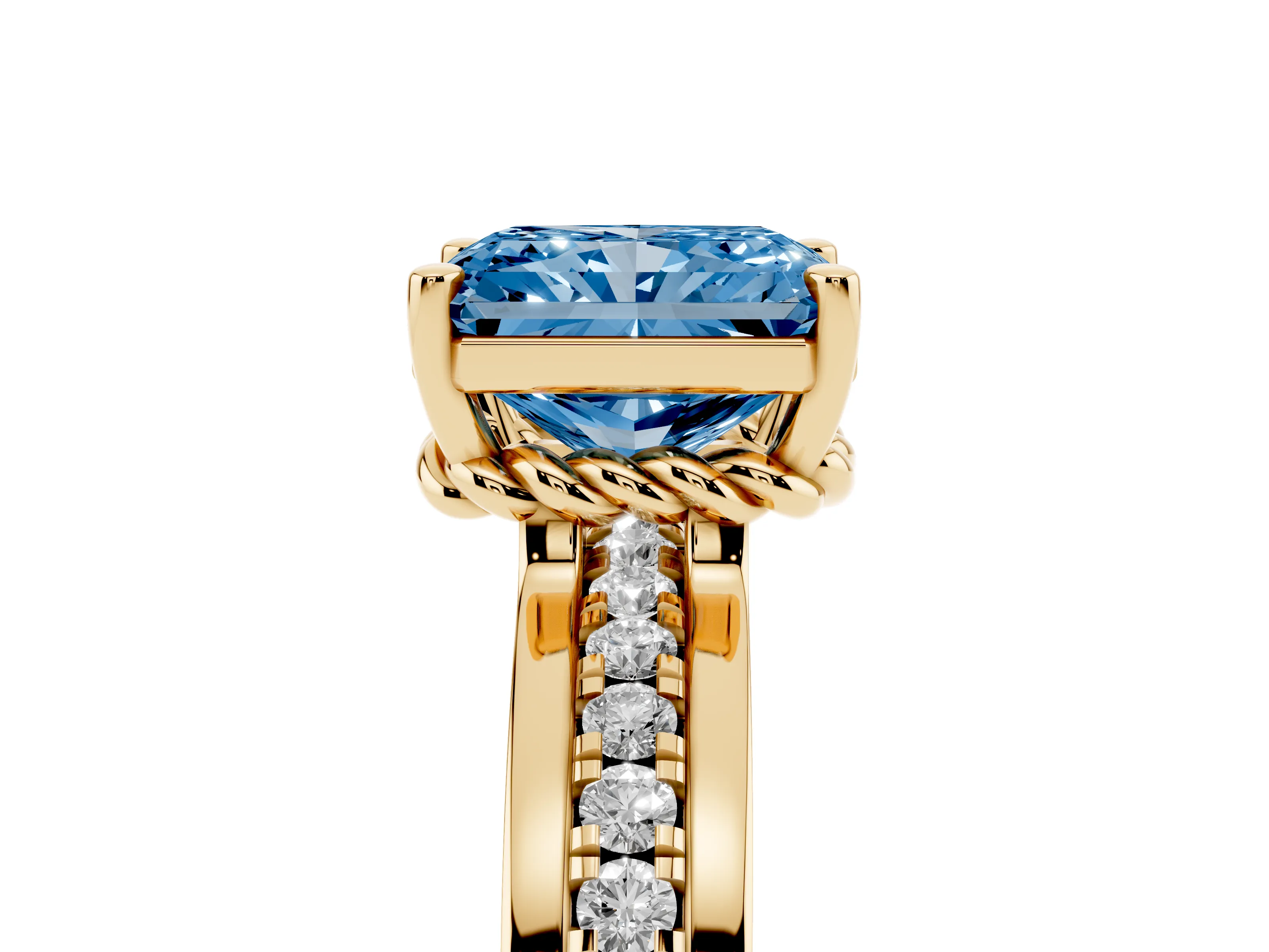 Fancy Blue Radiant Cut Diamond Solitaire Ring Set in Yellow gold with Channel Set Band and Prong Setting
