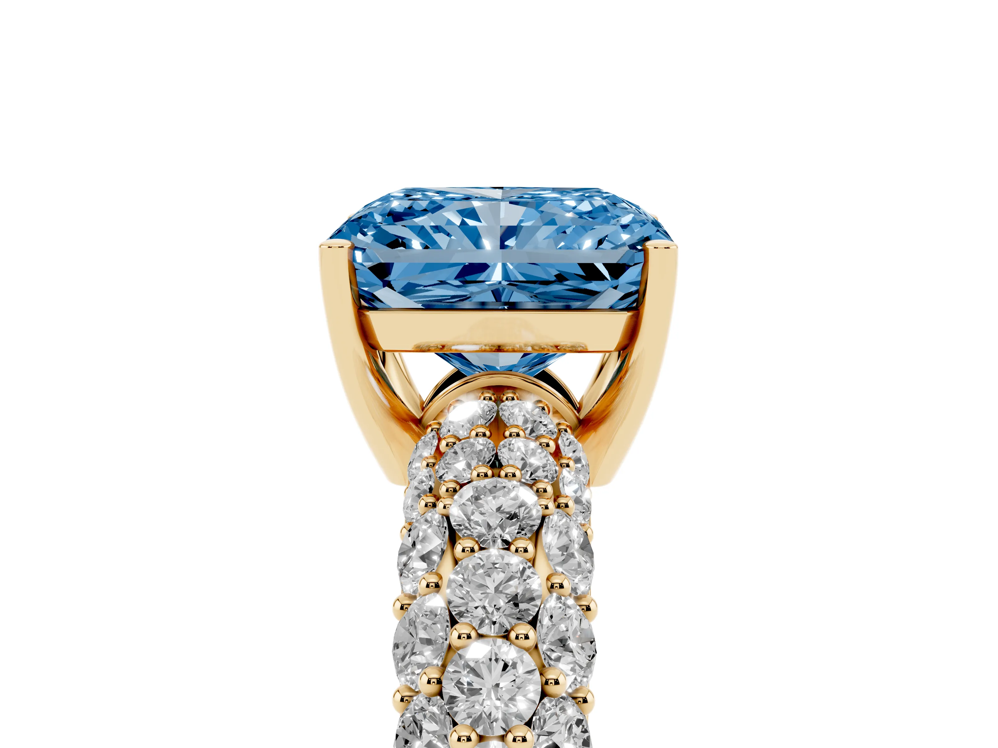 Fancy Blue Radiant Cut Diamond Pavé Band Solitaire Ring Set in Yellow gold with Close-Set Accent Stones and Prong Setting