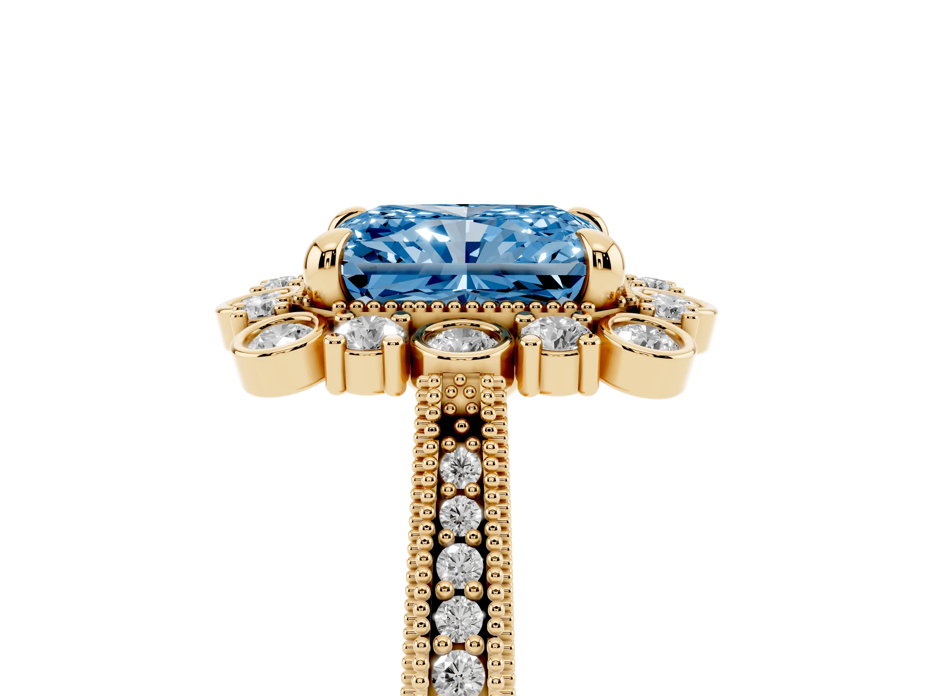 Fancy Blue Radiant Cut Diamond Halo Milgrain Pavé Ring Set in Yellow gold with Prong Setting