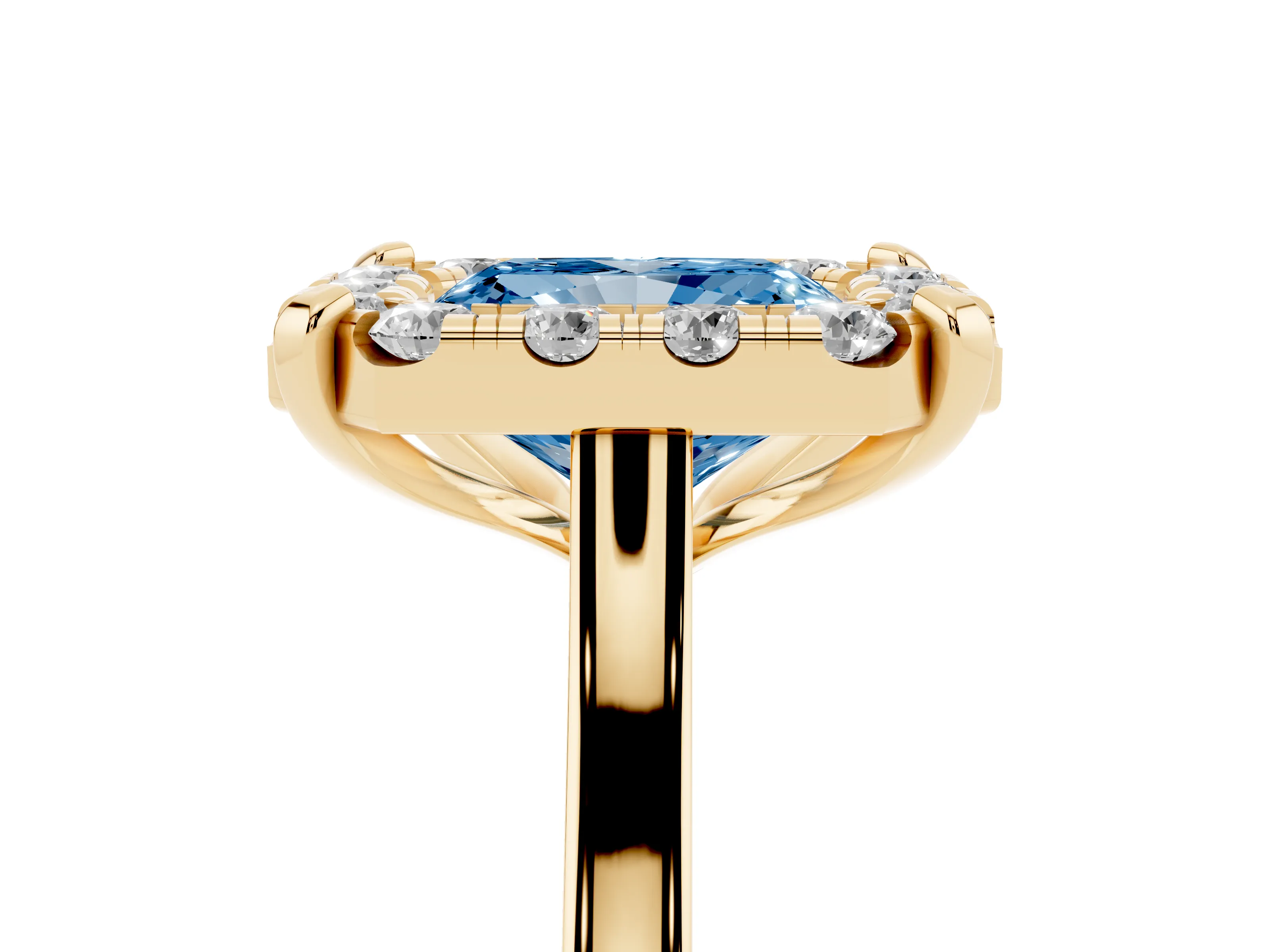 Fancy Blue Radiant Cut Diamond Cluster Halo Solitaire Ring Set in Yellow gold with Prong Setting