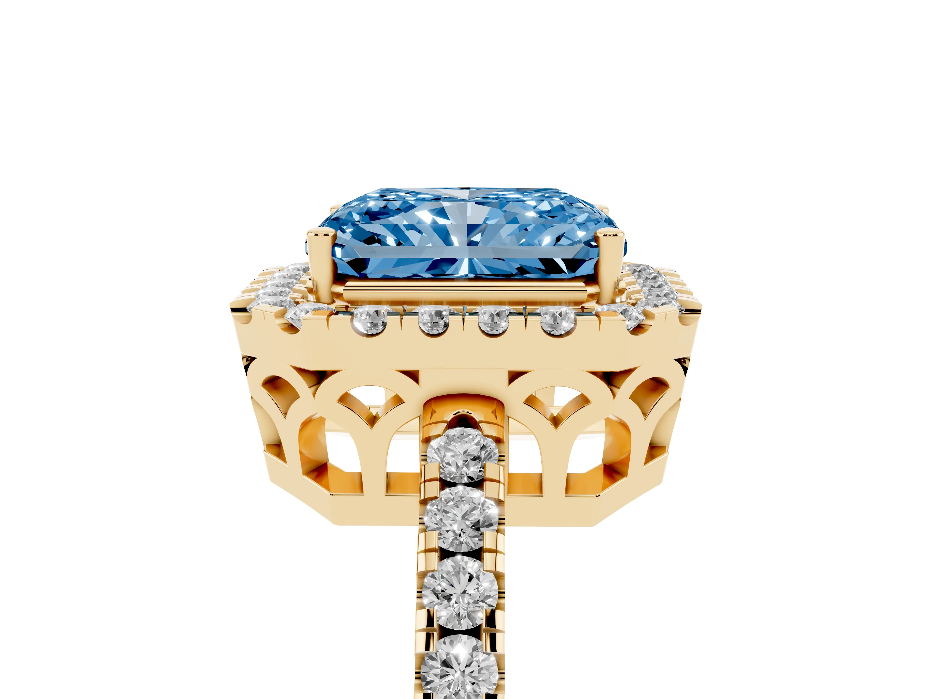 Fancy Blue Radiant Cut Diamond Pavé Band Halo Engagement Ring Set in Yellow gold with Prong Setting
