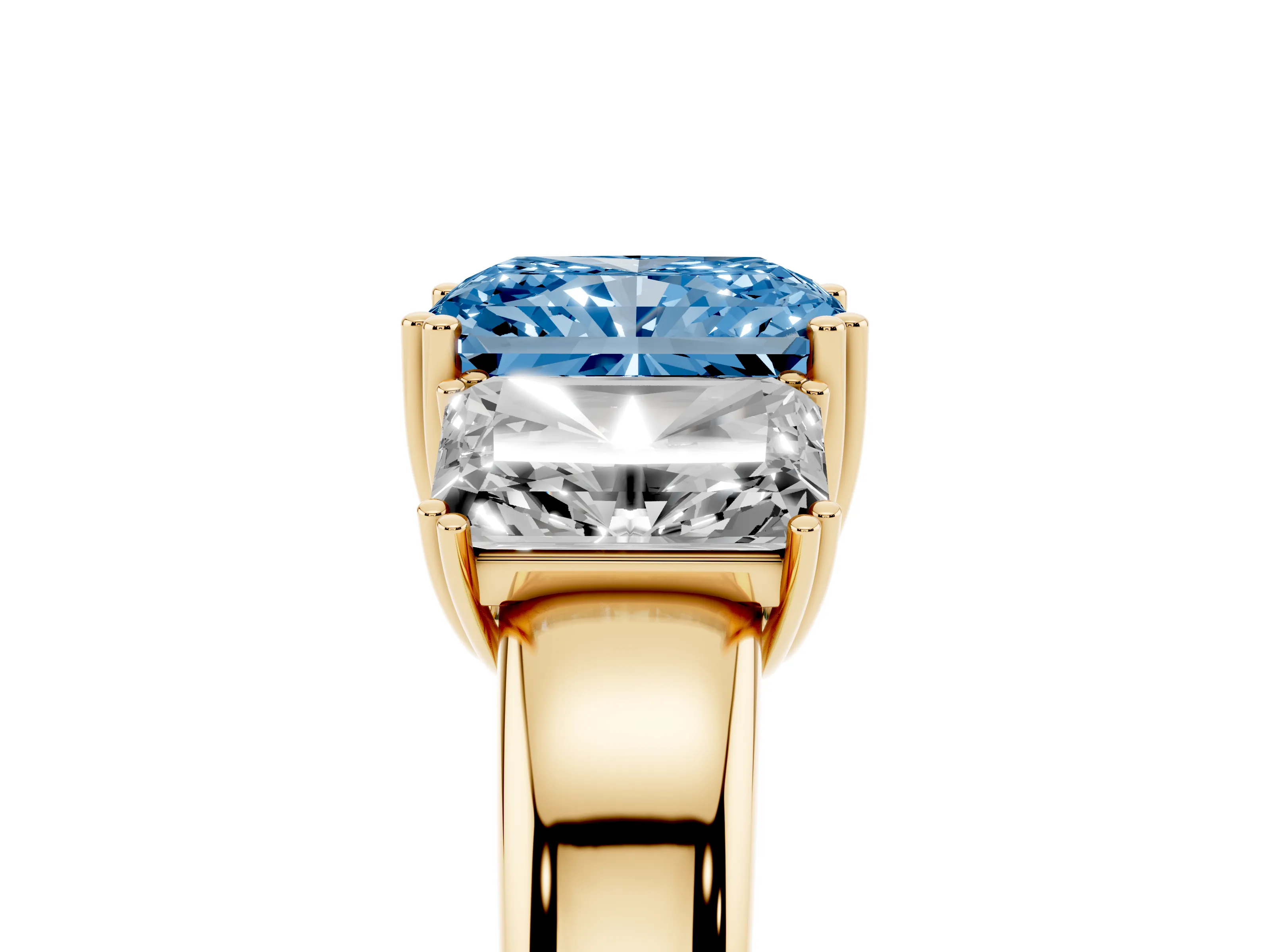 Fancy Blue Radiant Cut Diamond Three-Stone Ring Set in Yellow gold with Polished Channel-Set Band