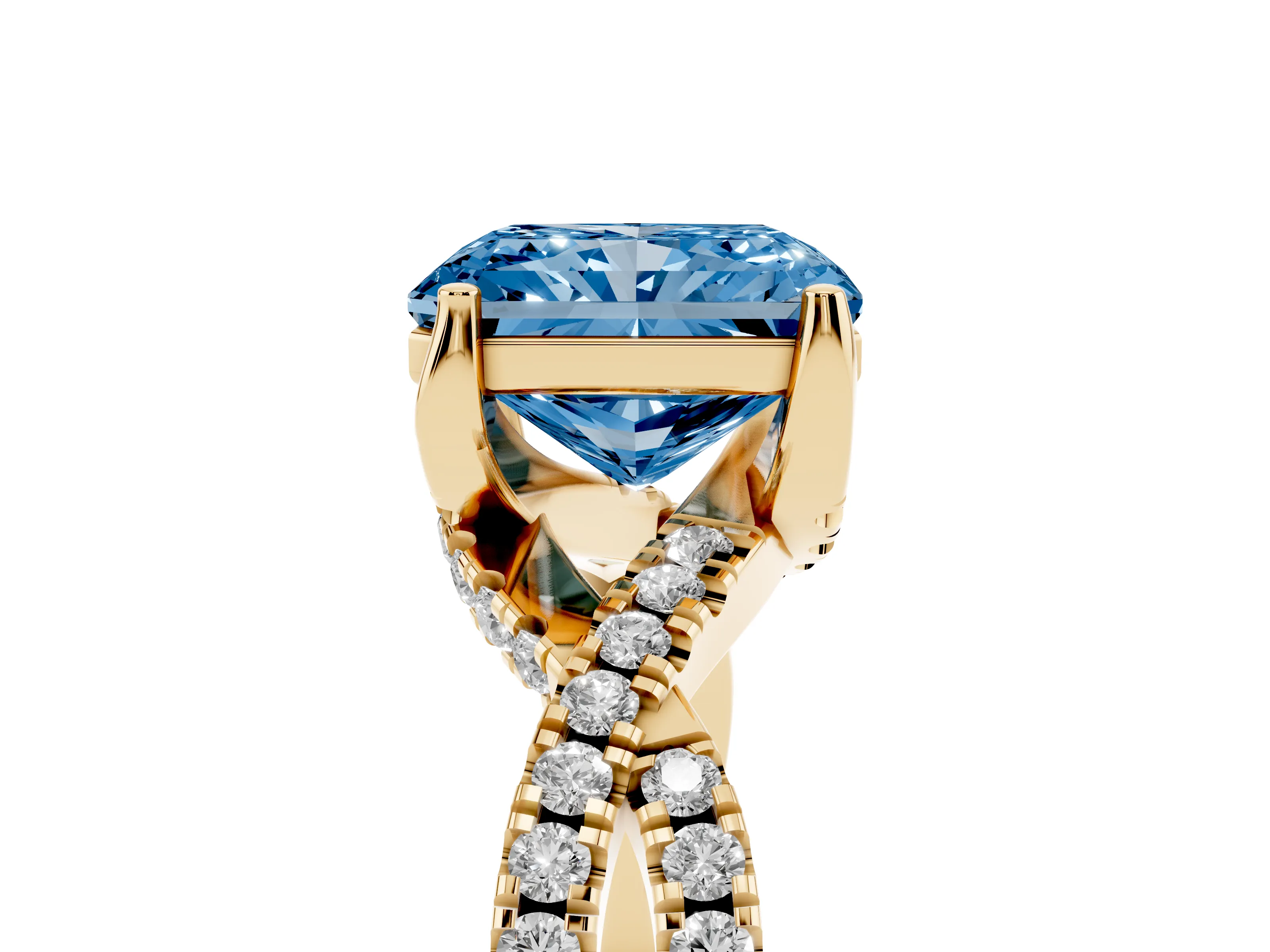Fancy Blue Radiant Cut Diamond Twist Pavé Solitaire Engagement Ring Set in Yellow gold with Prong Setting