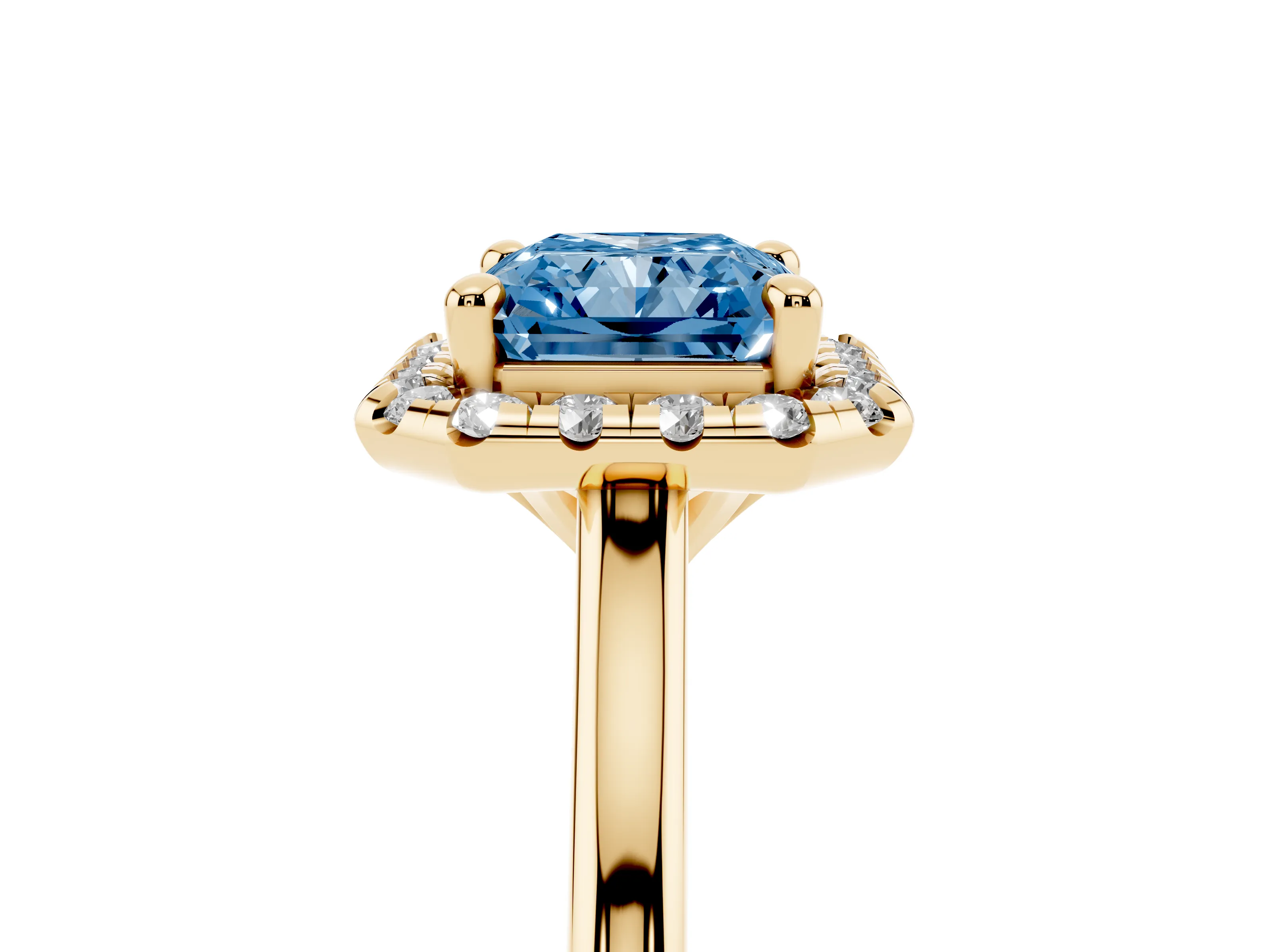 Fancy Blue Radiant Cut Diamond Halo Engagement Ring Set in Yellow gold with Pavé Band and Rising Shoulders