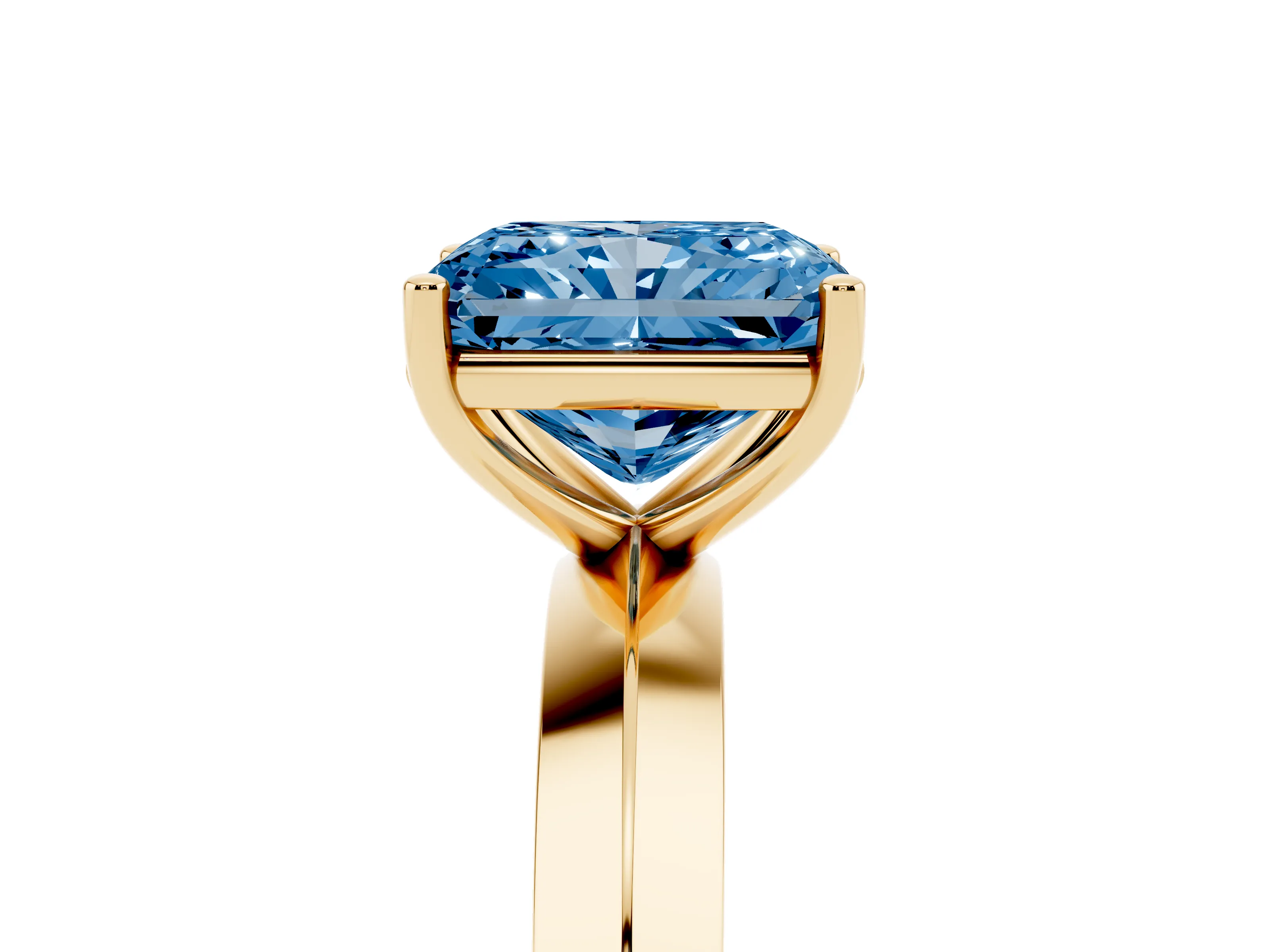 Fancy Blue Radiant Cut Diamond Solitaire Engagement Ring Set in Yellow gold with Flat Band and Prong Setting