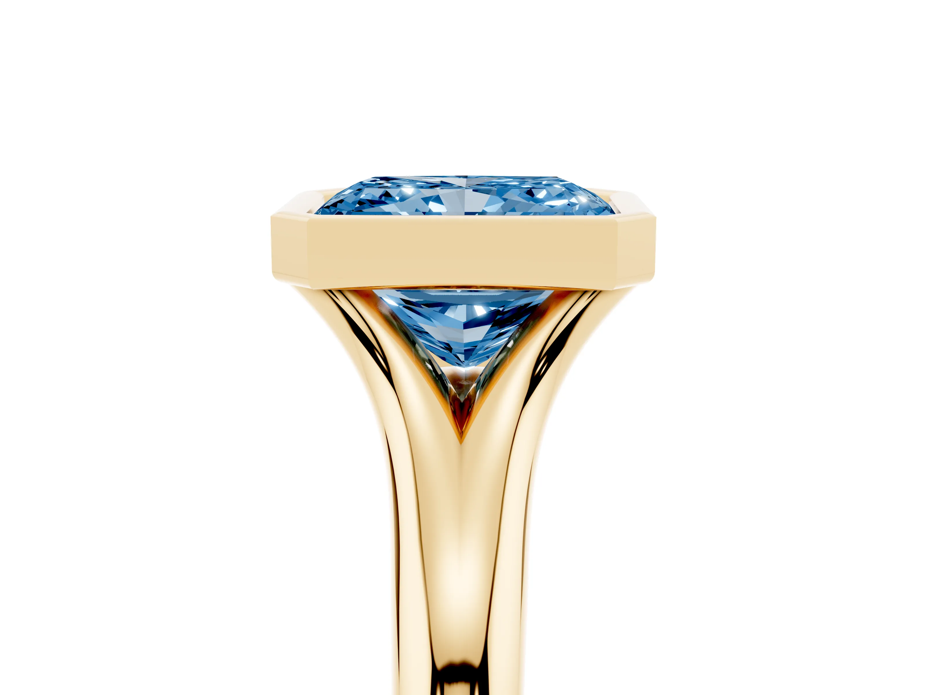 Fancy Blue Bezel Set Radiant Cut Diamond Solitaire Ring Set in Yellow gold with Smooth Band