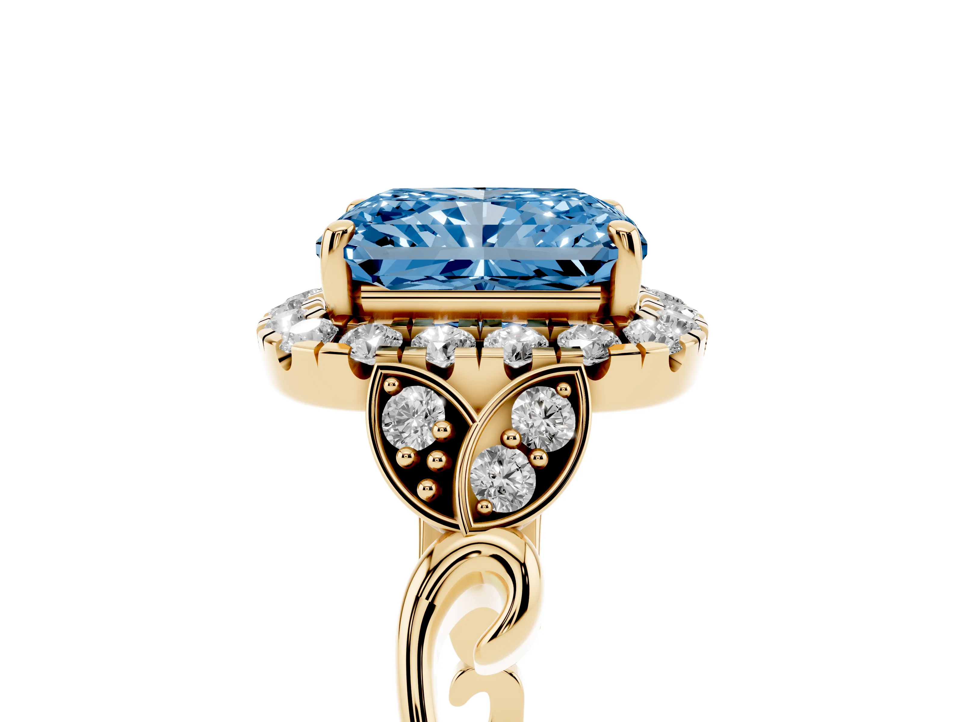 Fancy Blue Radiant Cut Diamond Halo Engagement Ring Set in Yellow gold with Vintage-Inspired Band and Prong Setting