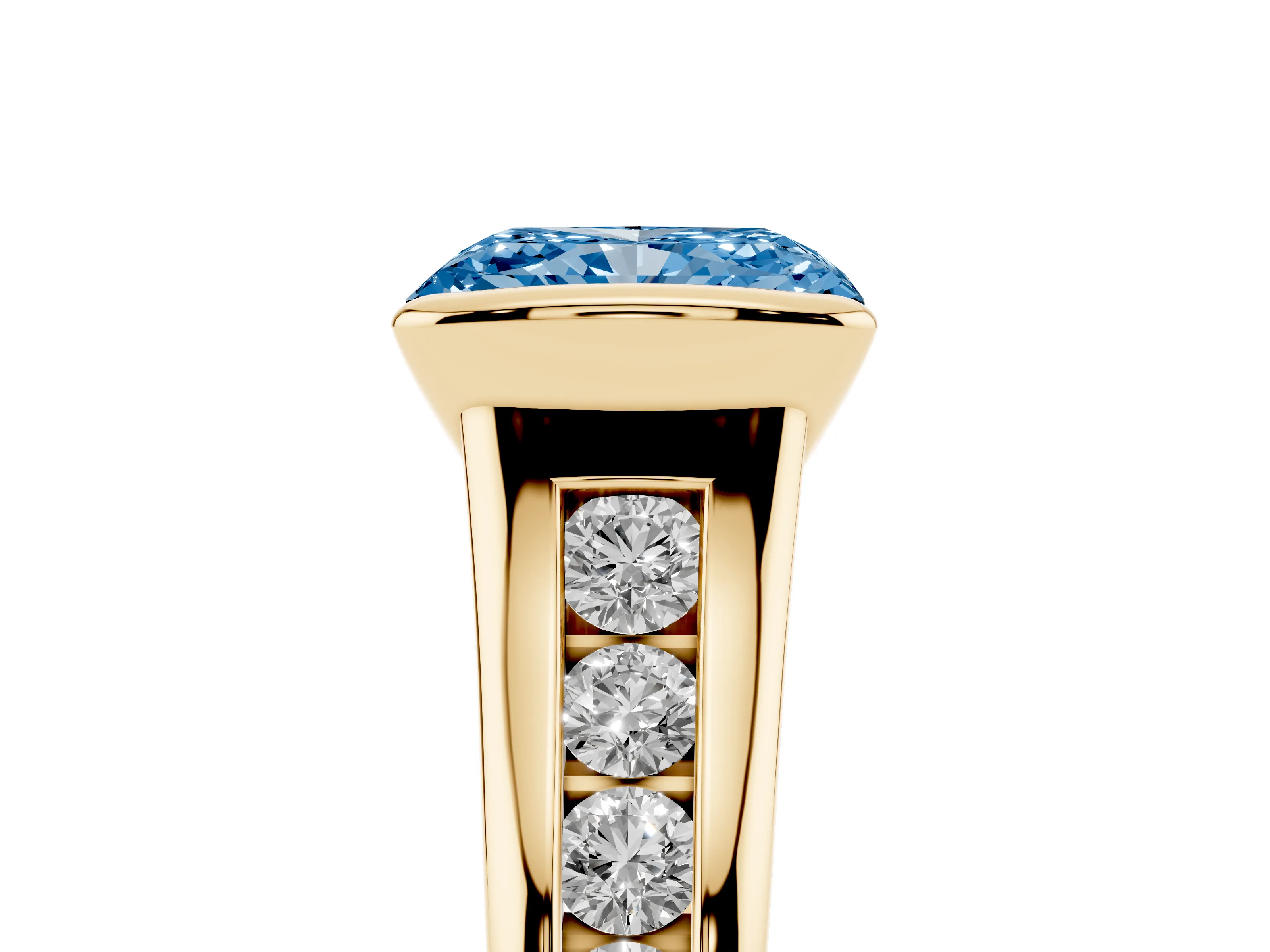 Fancy Blue Radiant Cut Diamond Bezel-Set Solitaire Ring Set in Yellow gold with Channel-Set Band