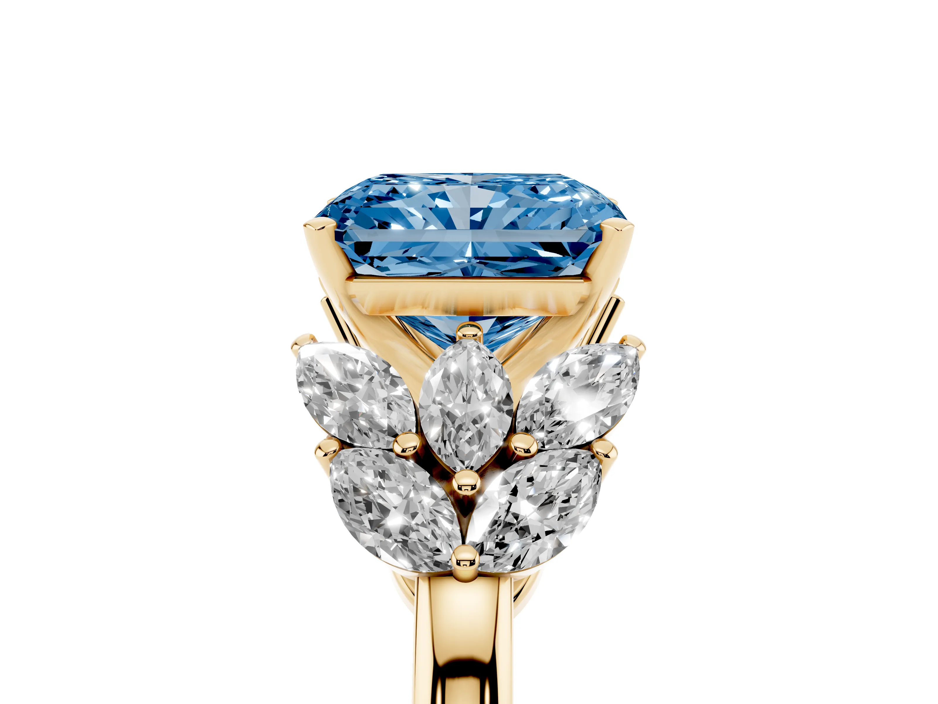 Fancy Blue Radiant Cut Diamond Cluster Leaf Design Ring Set in Yellow gold with Prong Setting