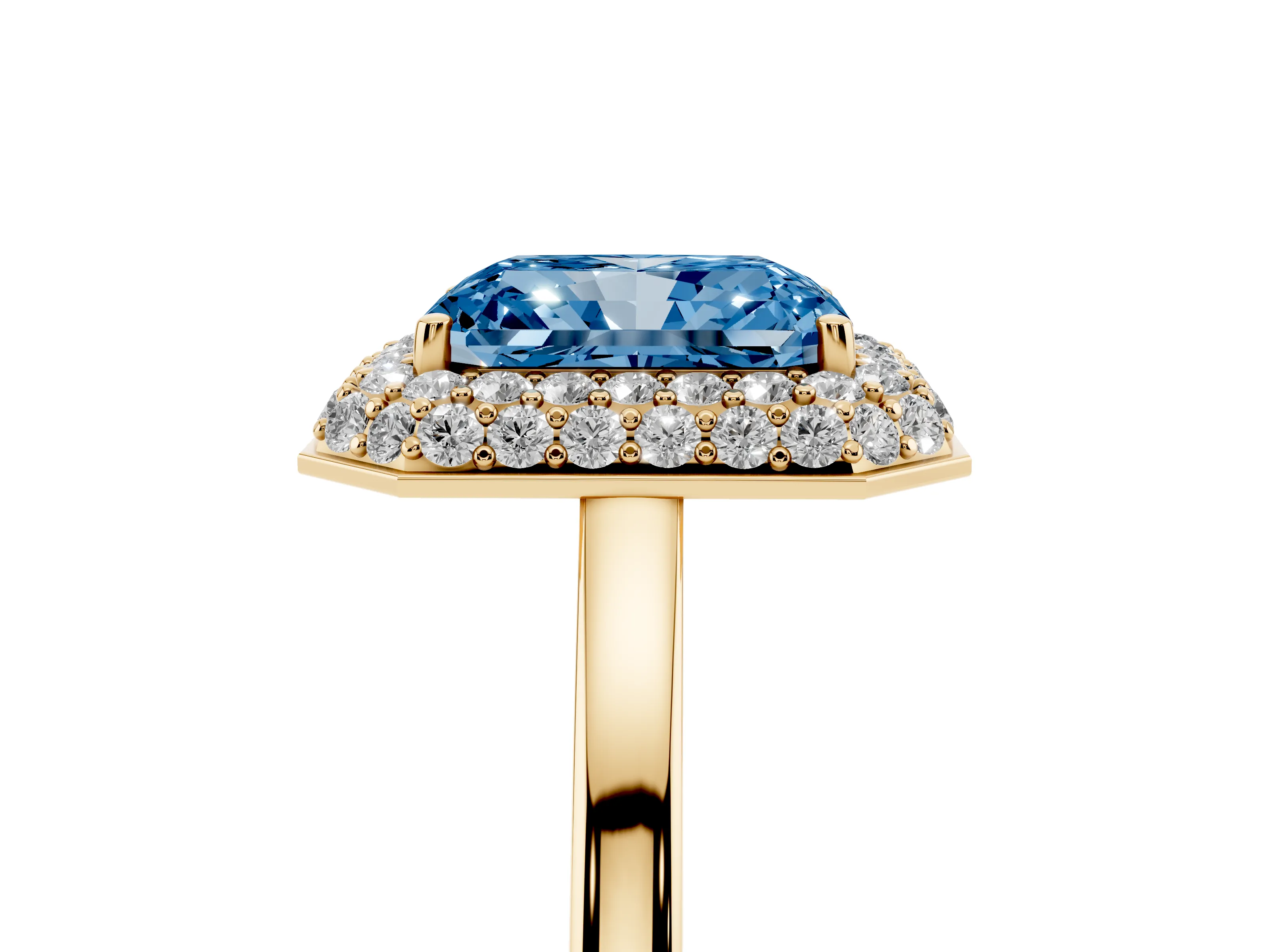 Fancy Blue Radiant Cut Diamond Halo Engagement Ring Set in Yellow gold with Solitaire Band and Prong Setting