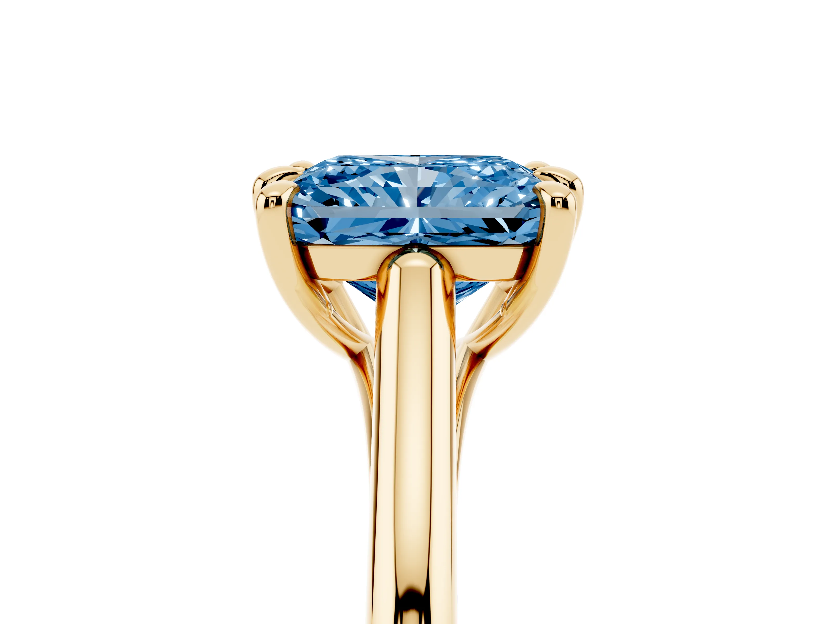 Fancy Blue Radiant Cut Diamond Solitaire Engagement Ring Set in Yellow gold with Prong Setting and Plain Classic Band