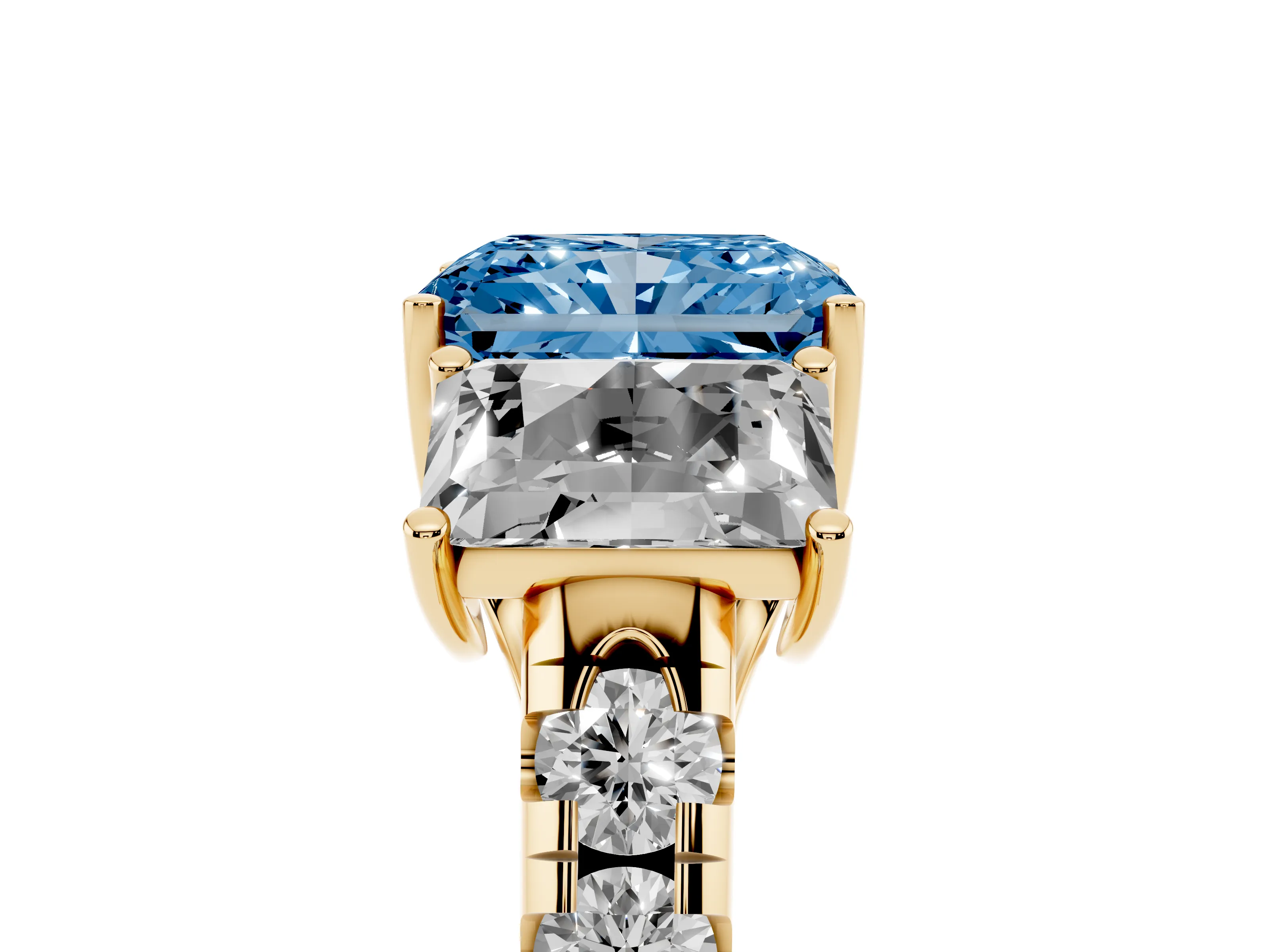 Fancy Blue Radiant Cut Diamond Three-Stone Ring Set in Yellow gold with Pavé Band