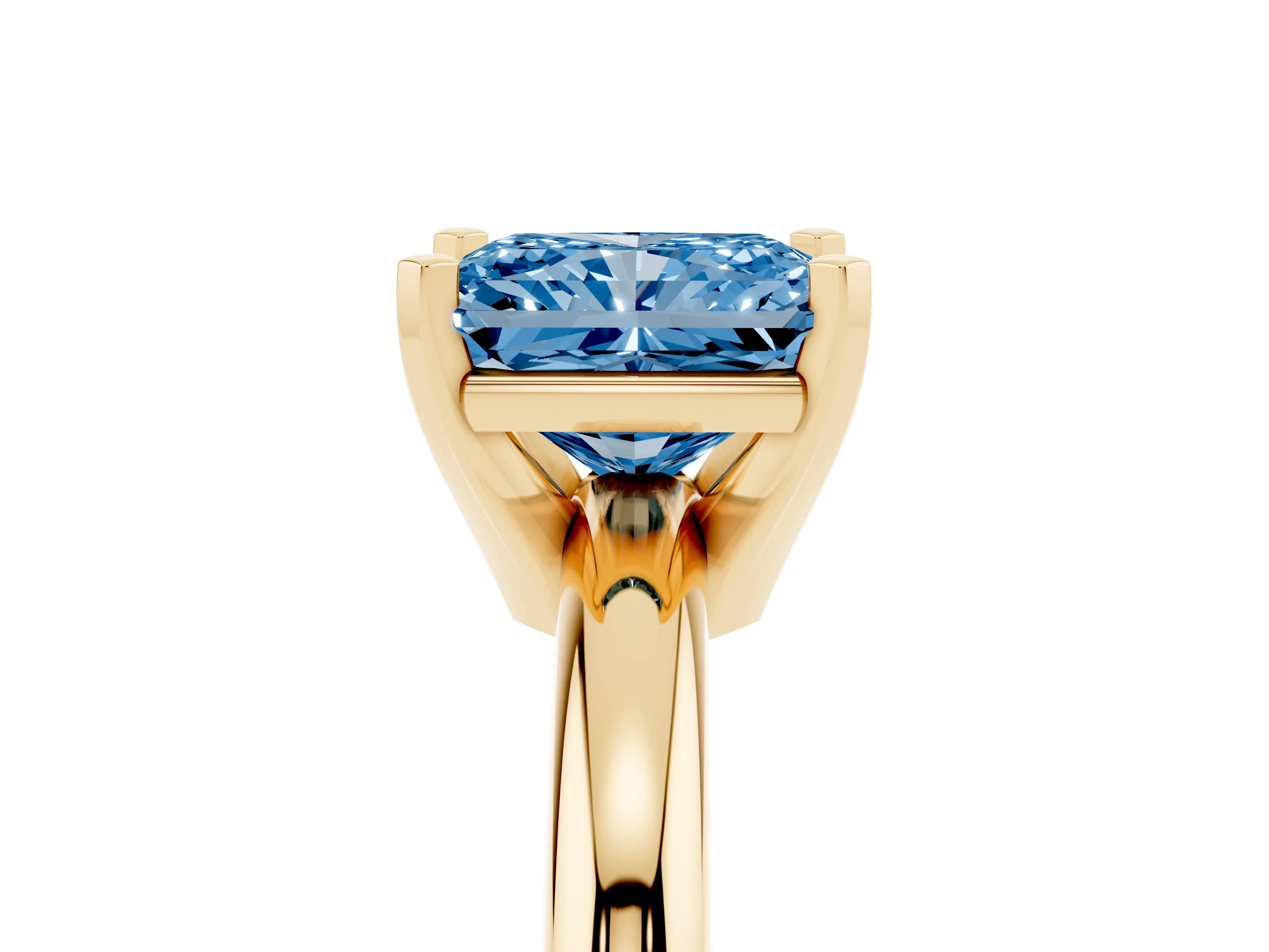 Fancy Blue Radiant Cut Diamond Solitaire Engagement Ring Set in Yellow gold with Round Band and Prong Setting