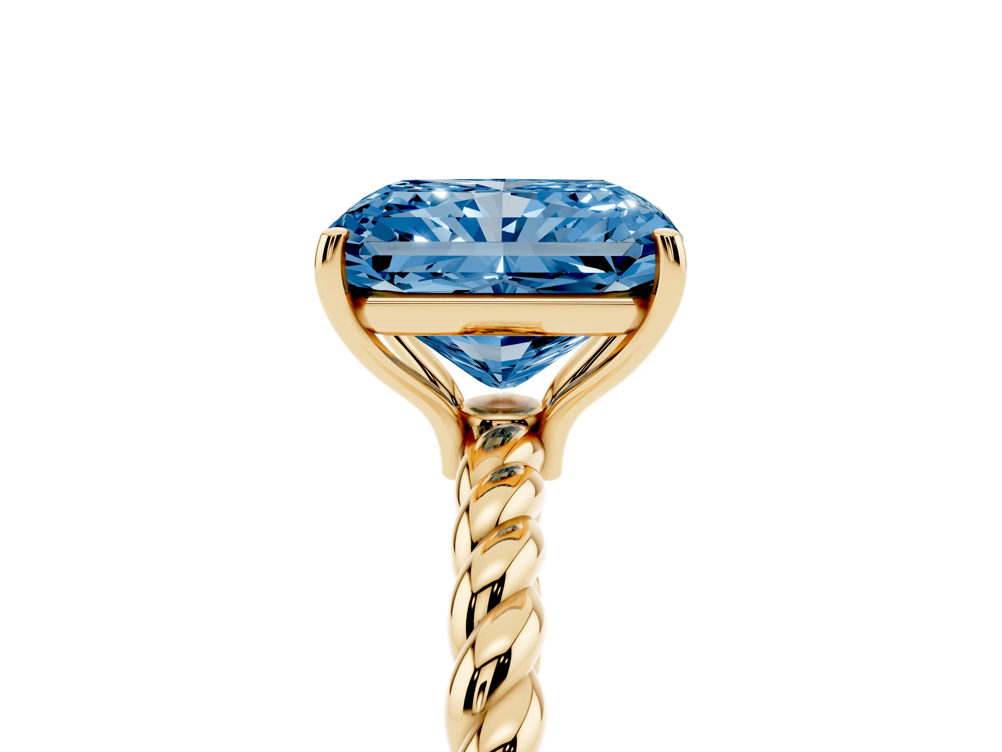 Fancy Blue Radiant Cut Diamond Solitaire Ring Set in Yellow gold with Twist Band and Prong Setting