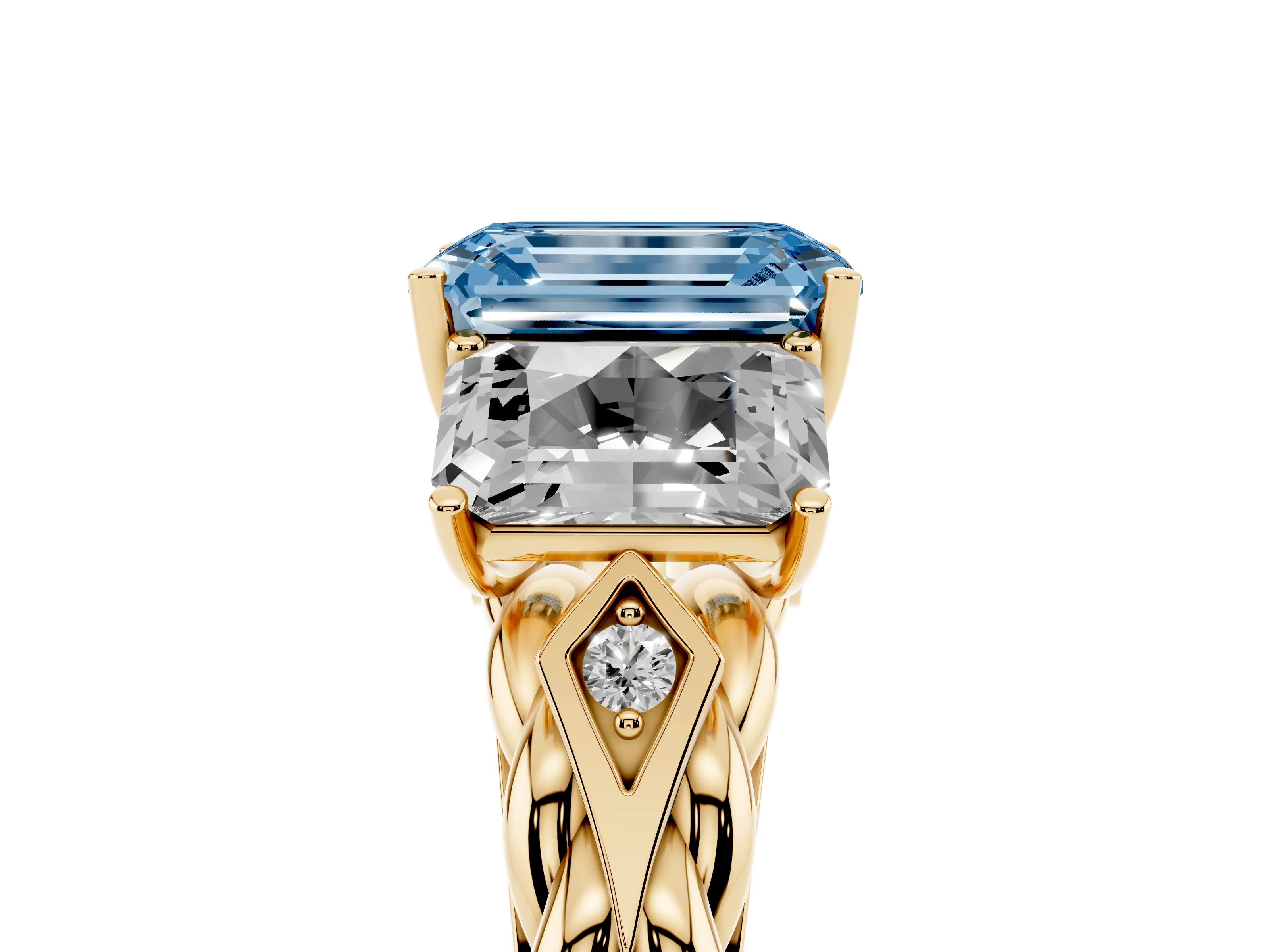 Fancy Blue Radiant Cut Diamond Three-Stone Ring Set in Yellow gold with Braided Band