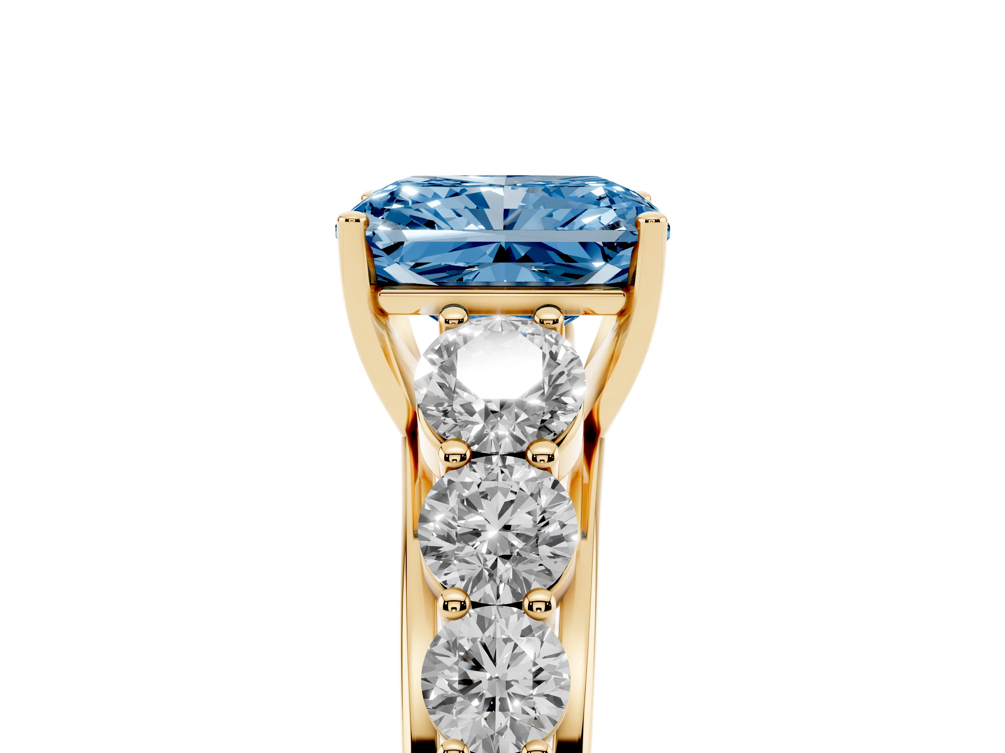 Fancy Blue Radiant Cut Diamond Solitaire Ring Set in Yellow gold with Pavé-Set Band and Prong Setting