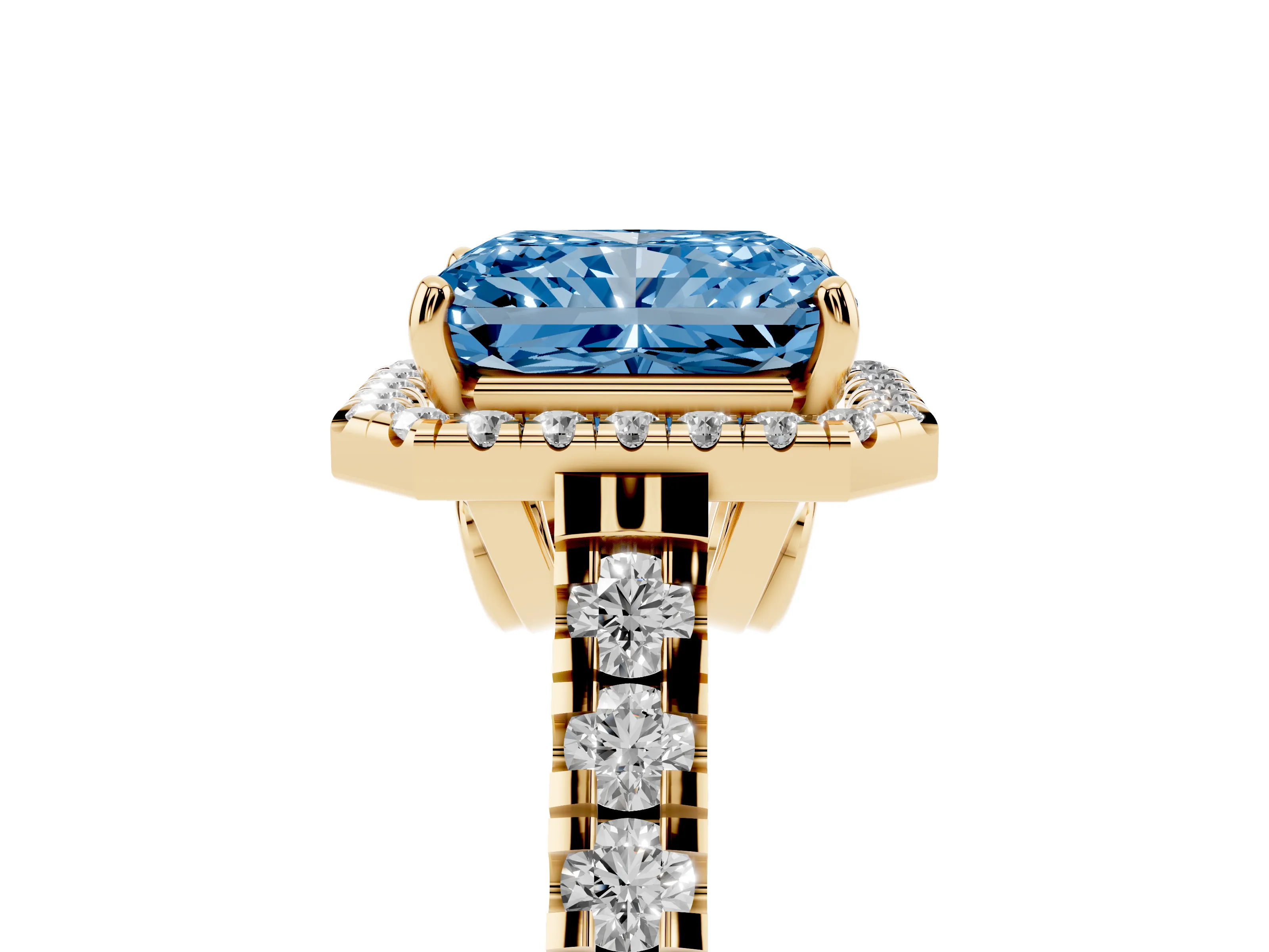 Fancy Blue Radiant Cut Diamond Halo Engagement Ring Set in Yellow gold with Pavé Band and Prong-Set Center