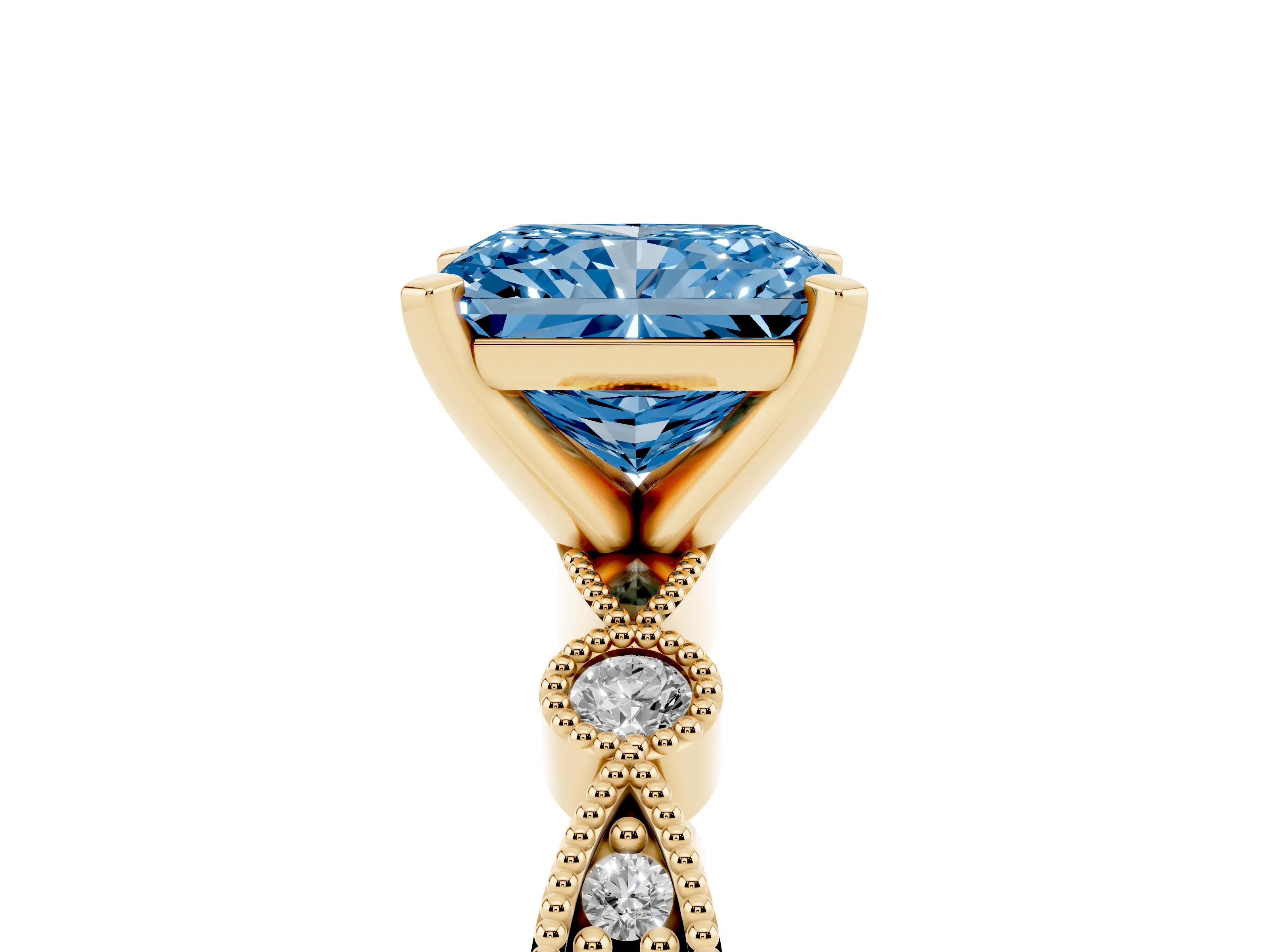 Fancy Blue Radiant Cut Diamond Solitaire Engagement Ring Set in Yellow gold with Milgrain Bezel Accent Band