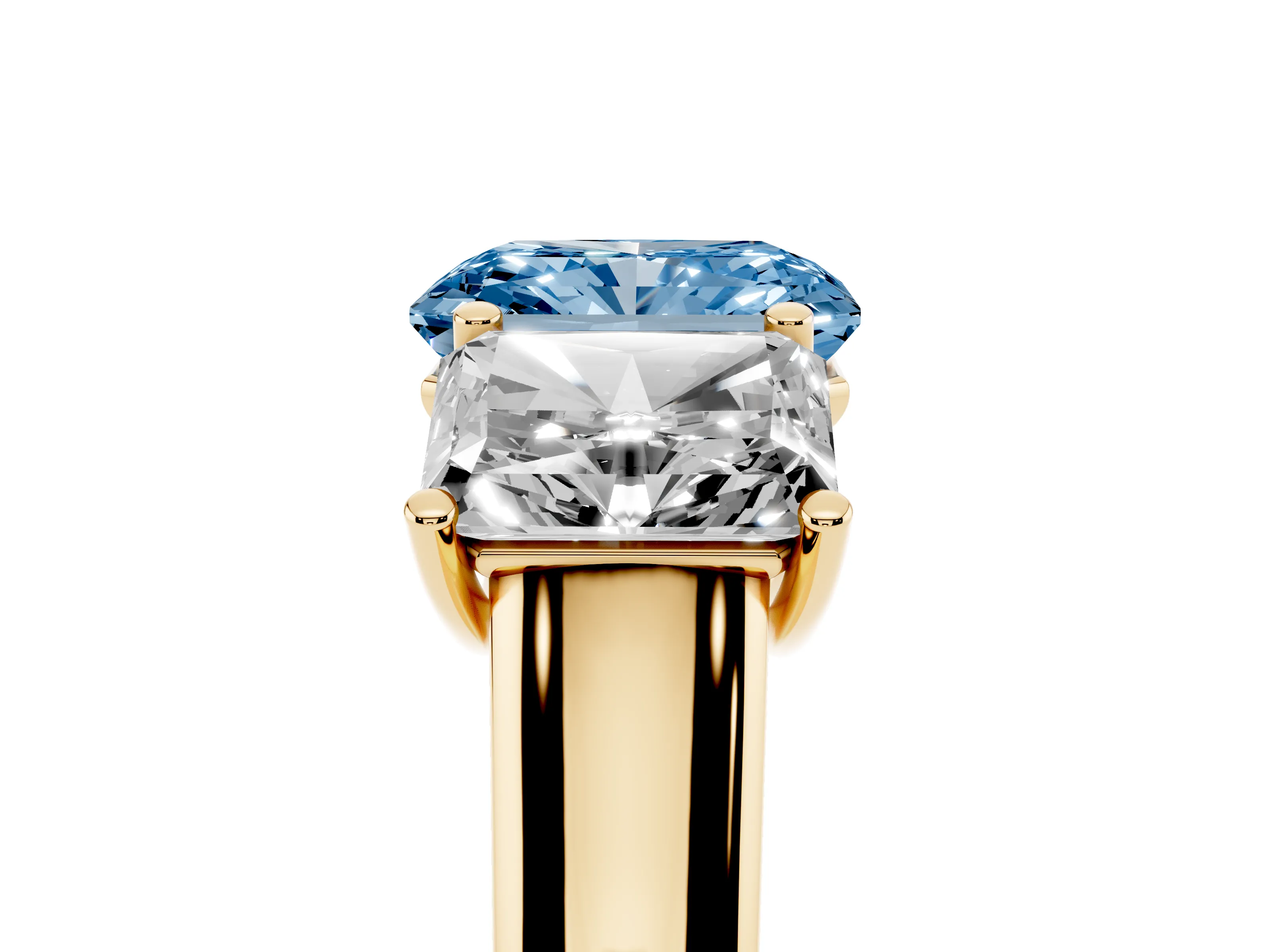 Fancy Blue Radiant Cut Diamond Three-Stone Ring Set in Yellow gold with Plain Polished Band