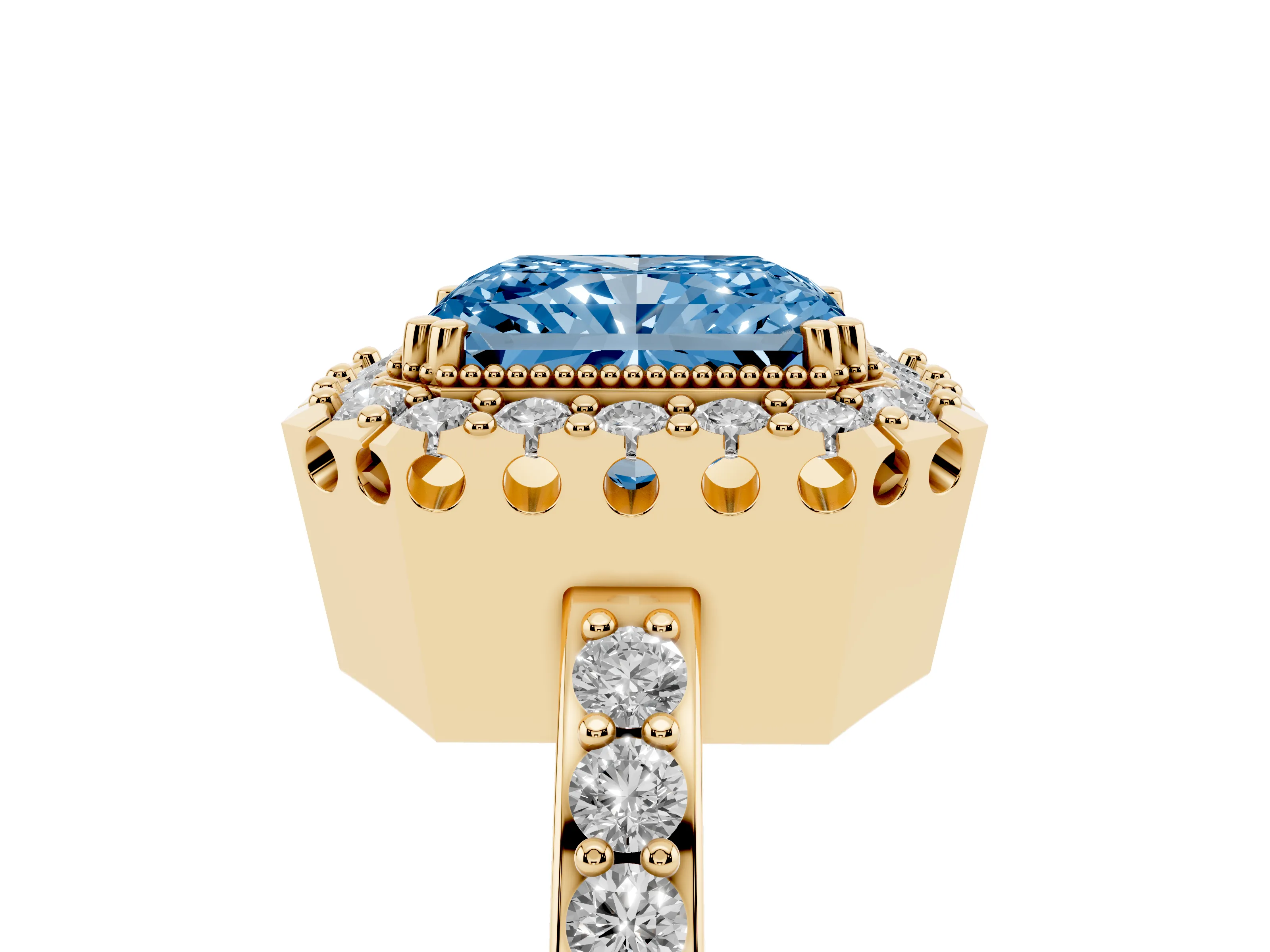 Fancy Blue Radiant Cut Diamond Halo Ring Set in Yellow gold with Pavé Shank and Prong Setting