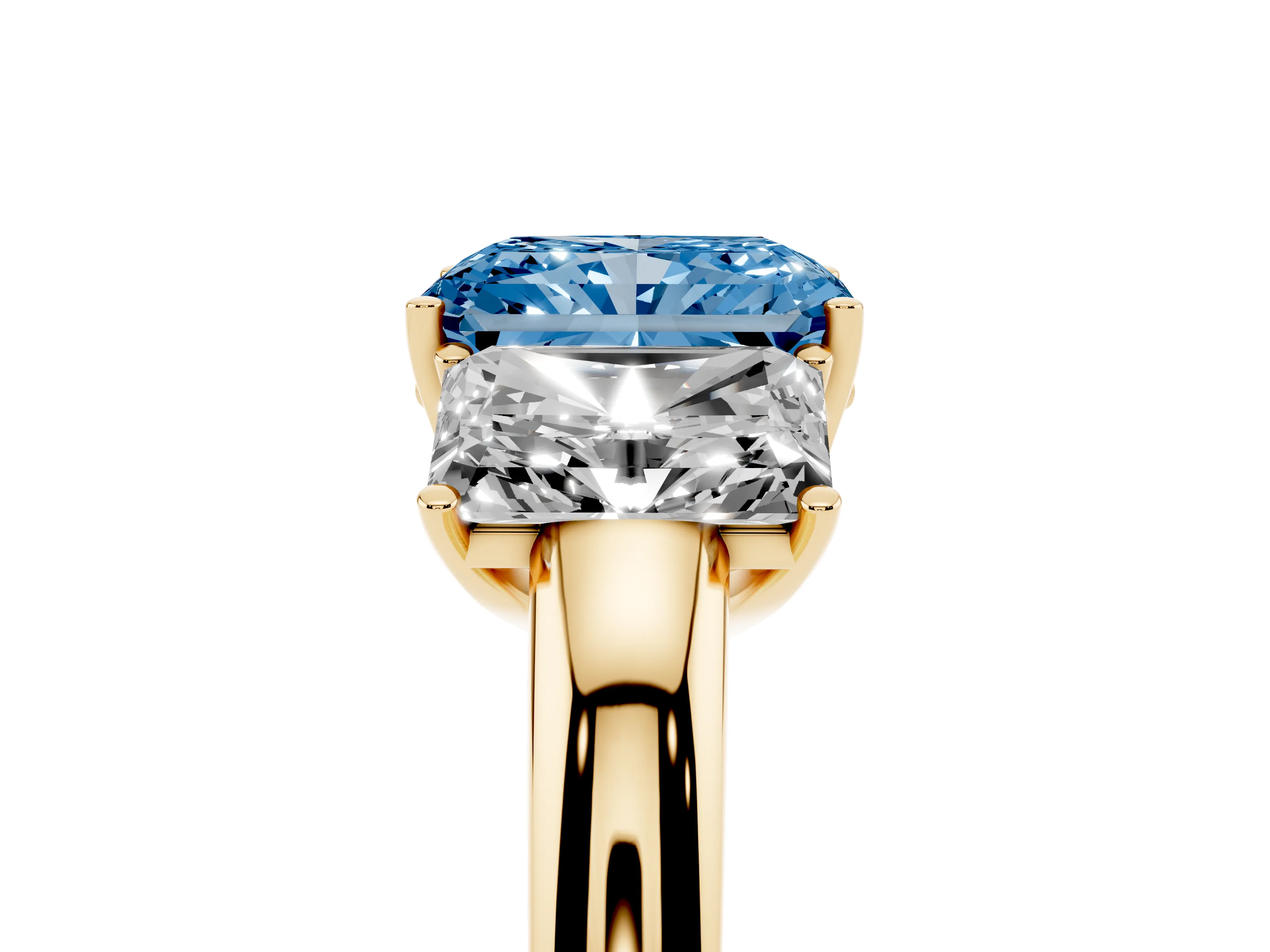 Fancy Blue Radiant Cut Diamond Three-Stone Ring Set in Yellow gold with Bold Center and Classic Band