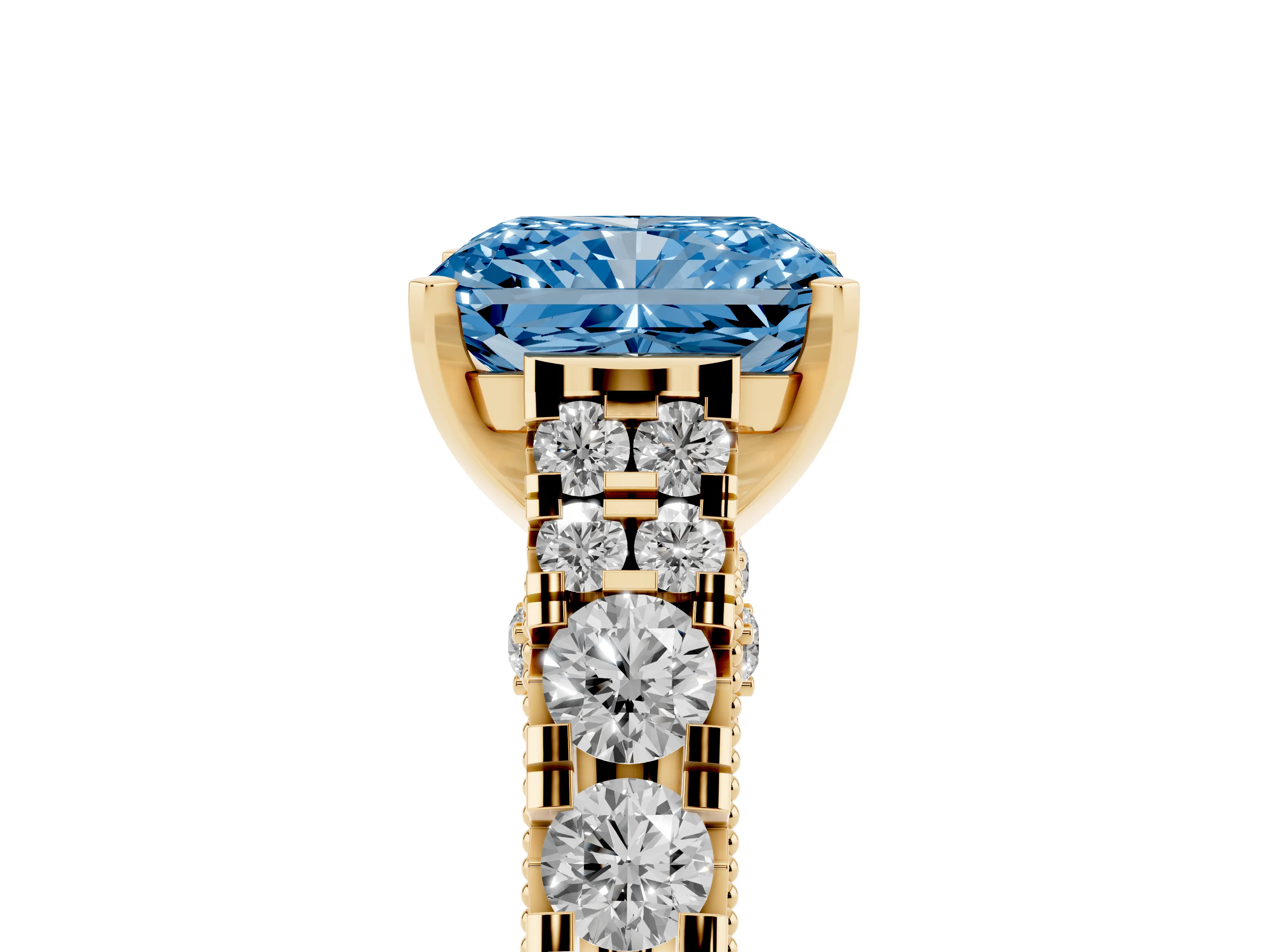 Fancy Blue Radiant Cut Diamond Classic Solitaire Ring Set in Yellow gold with Pavé Band and Prong Setting