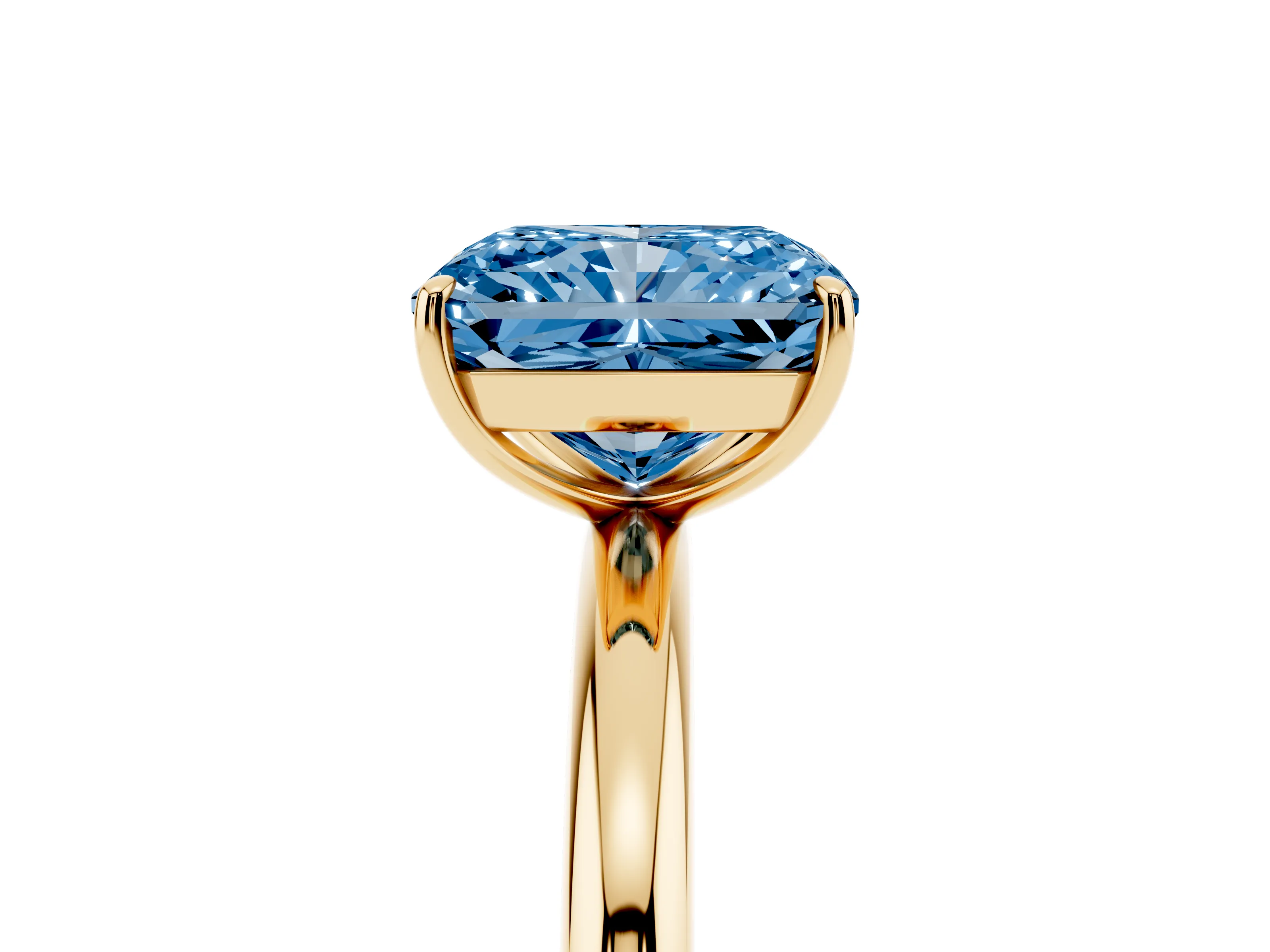Fancy Blue Radiant Cut Diamond Solitaire Ring Set in Yellow gold with Prong Setting on a Polished Plain Band