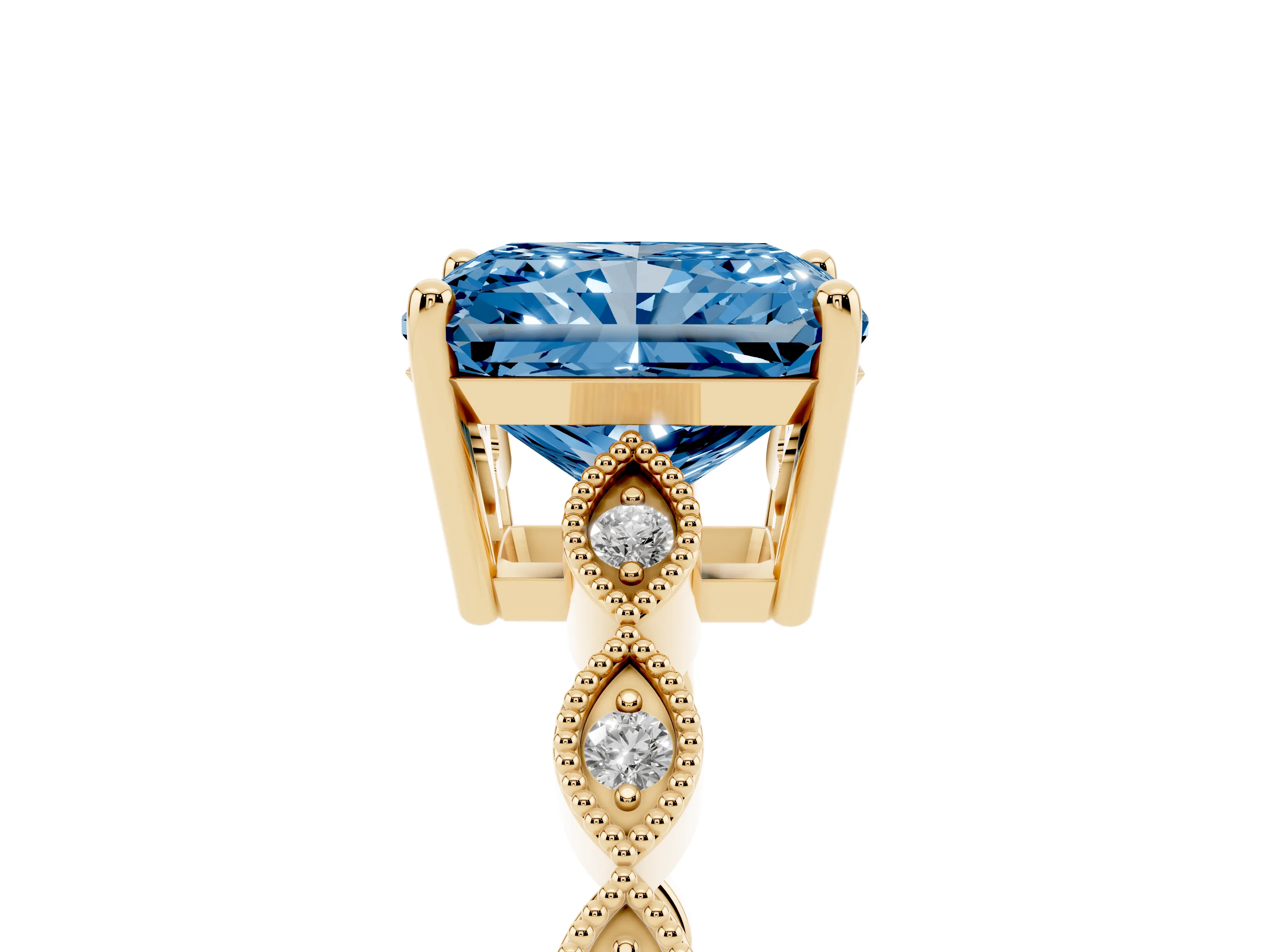 Fancy Blue Radiant Cut Diamond Solitaire Ring Set in Yellow gold with Infinity Twist Pavé Band