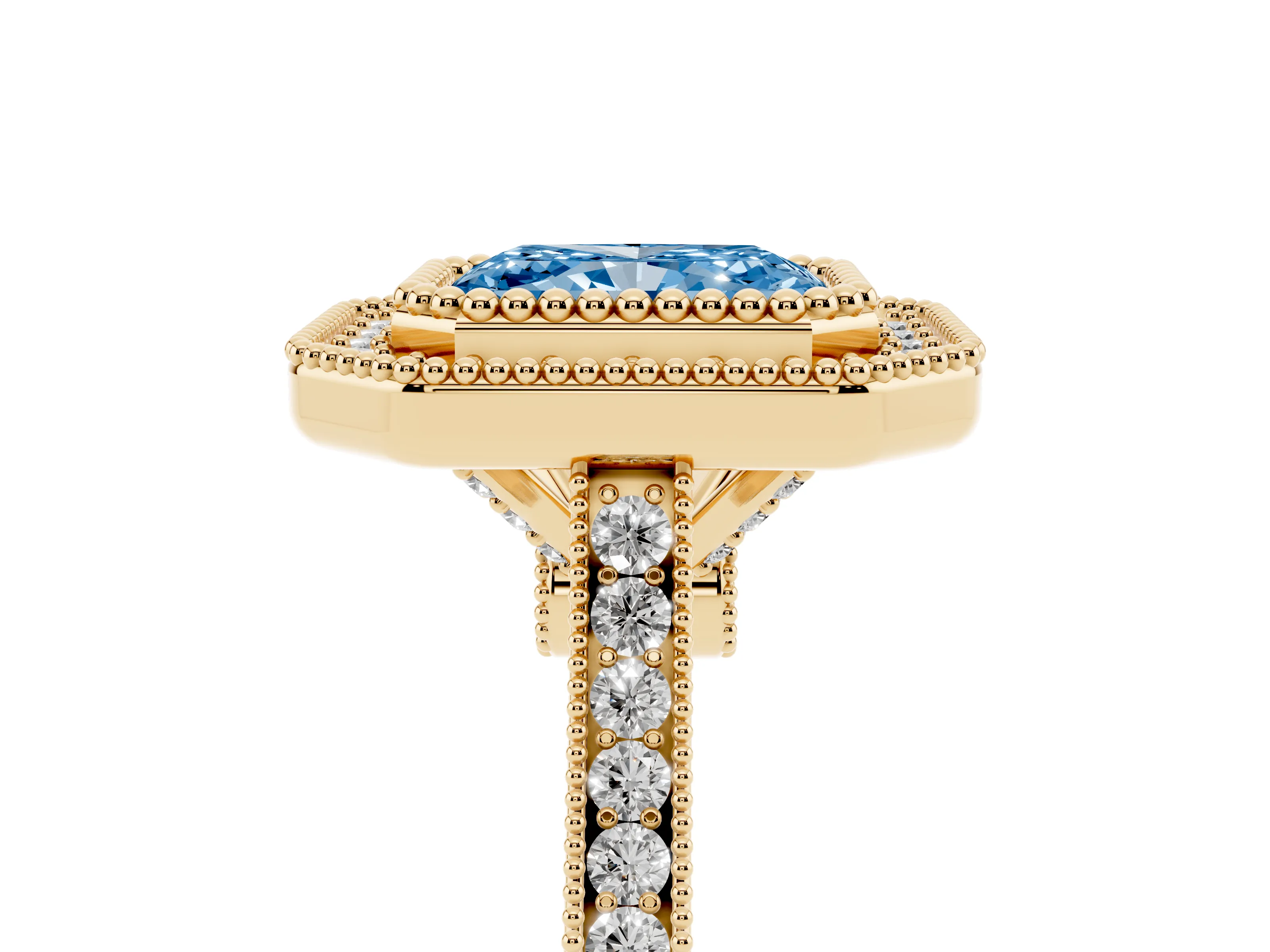 Fancy Blue Radiant Cut Diamond Halo Ring Set in Yellow gold with Milgrain Frame and Pavé Band