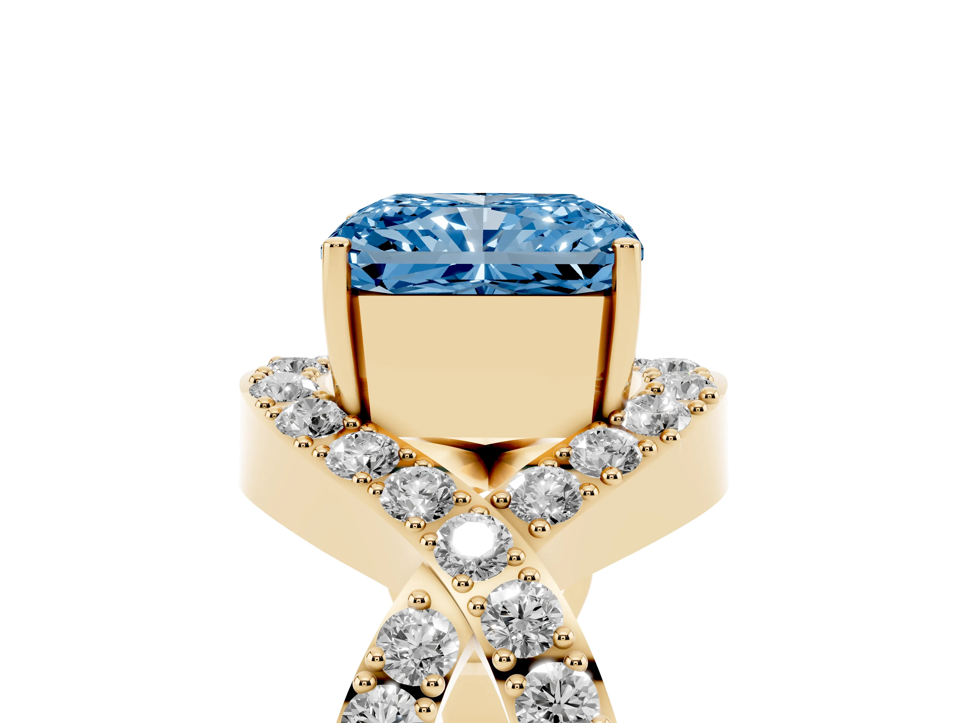 Fancy Blue Radiant Cut Diamond Solitaire Twist Band Pavé Engagement Ring Set in Yellow gold