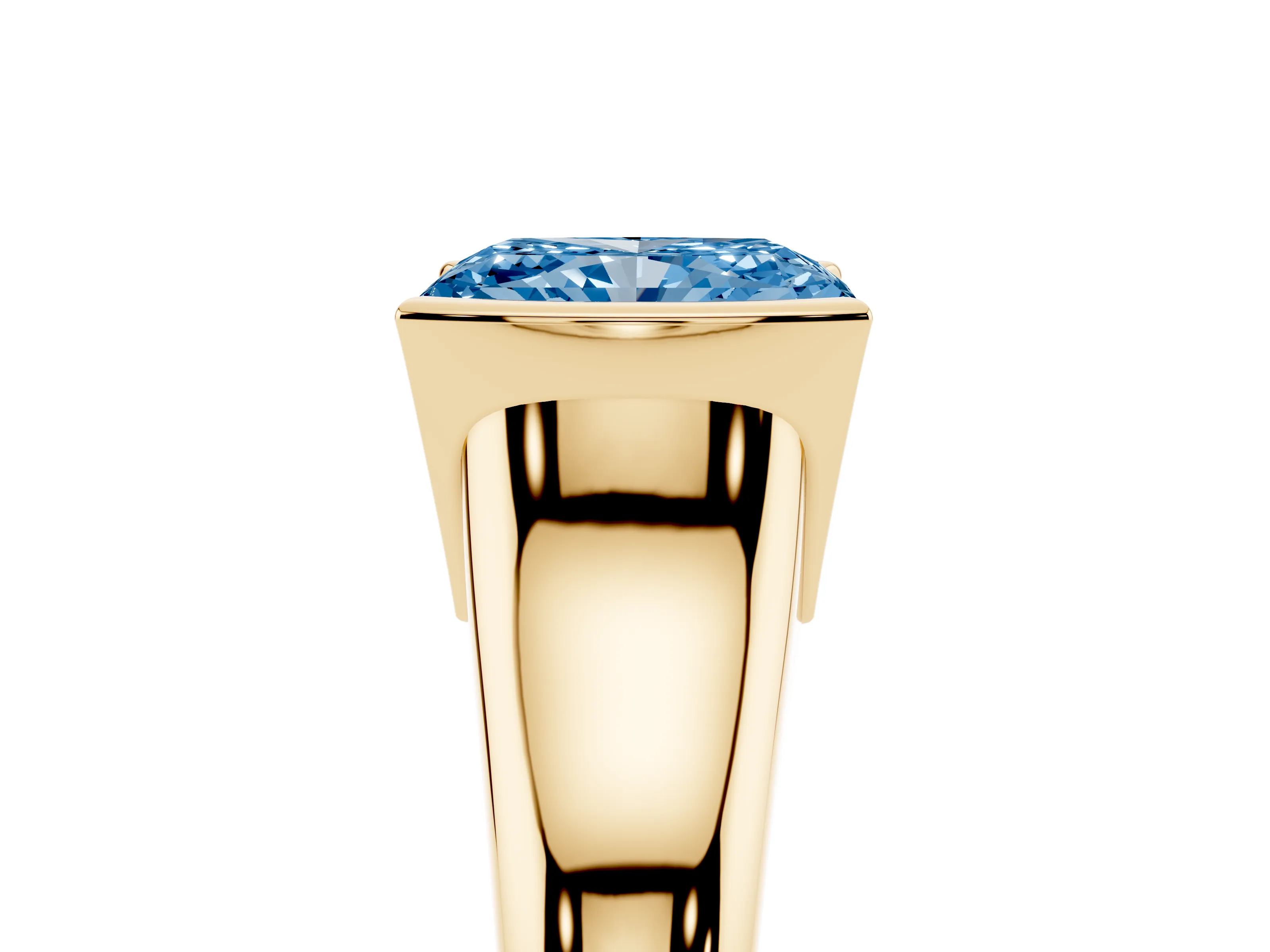 Fancy Blue Radiant Cut Diamond Solitaire Tension Set Ring Set in Yellow gold with Split Shank Band
