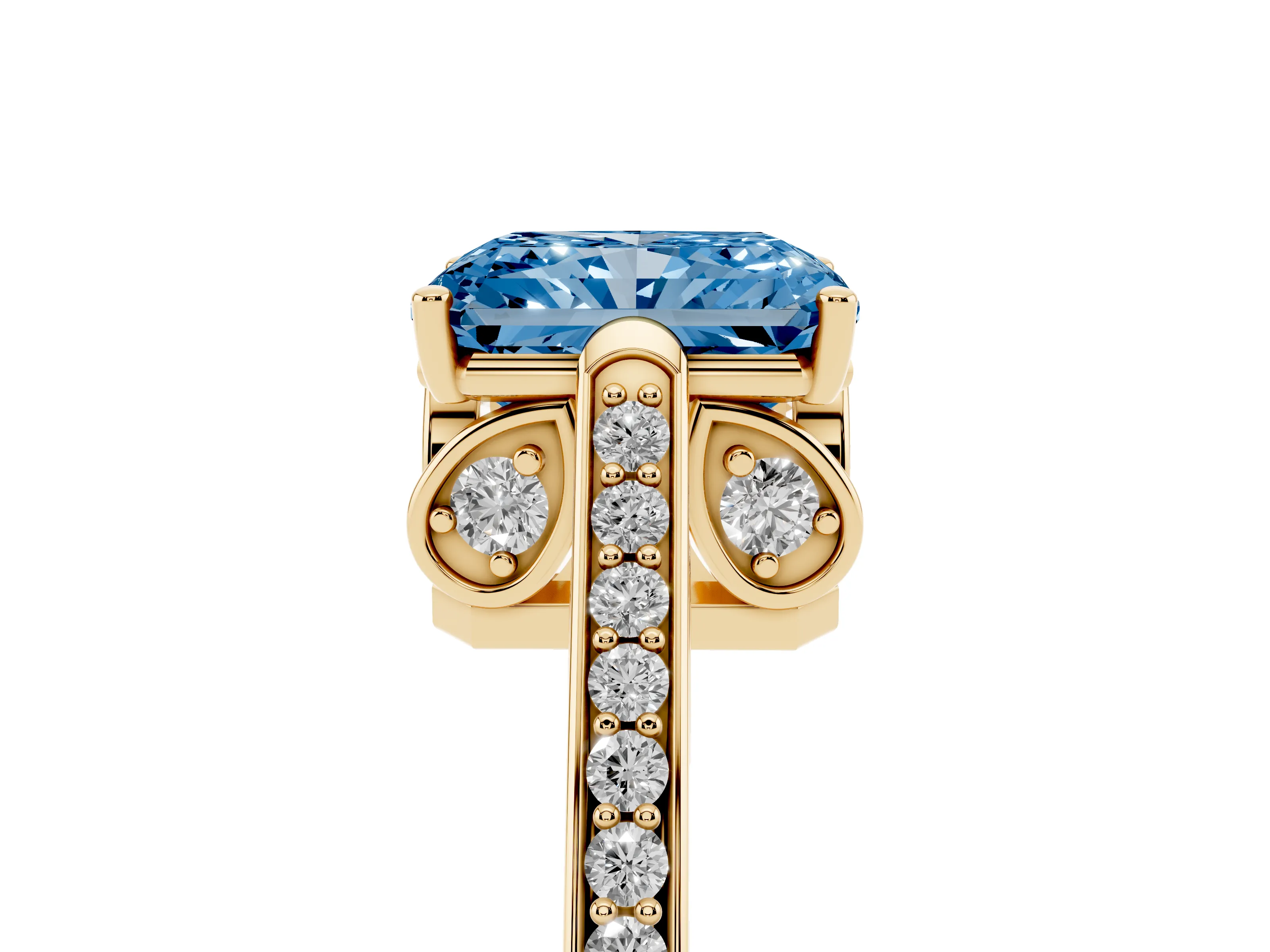 Fancy Blue Radiant Cut Diamond Cathedral Pavé Engagement Ring Set in Yellow gold with Prong Setting