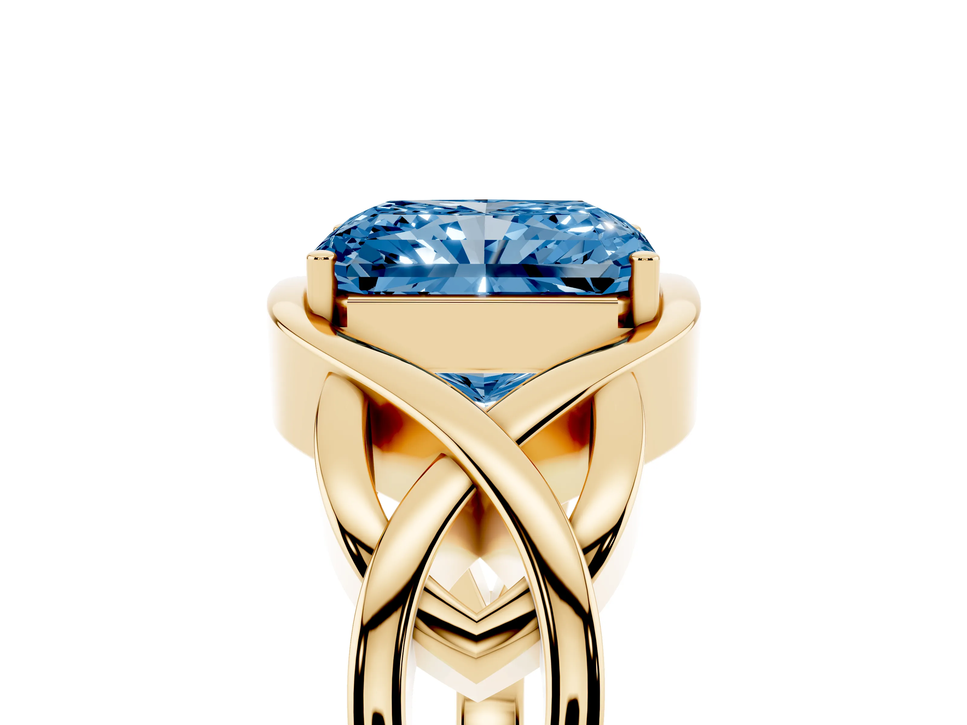Fancy Blue Radiant Cut Diamond Solitaire Ring Set in Yellow gold with Intertwined Band