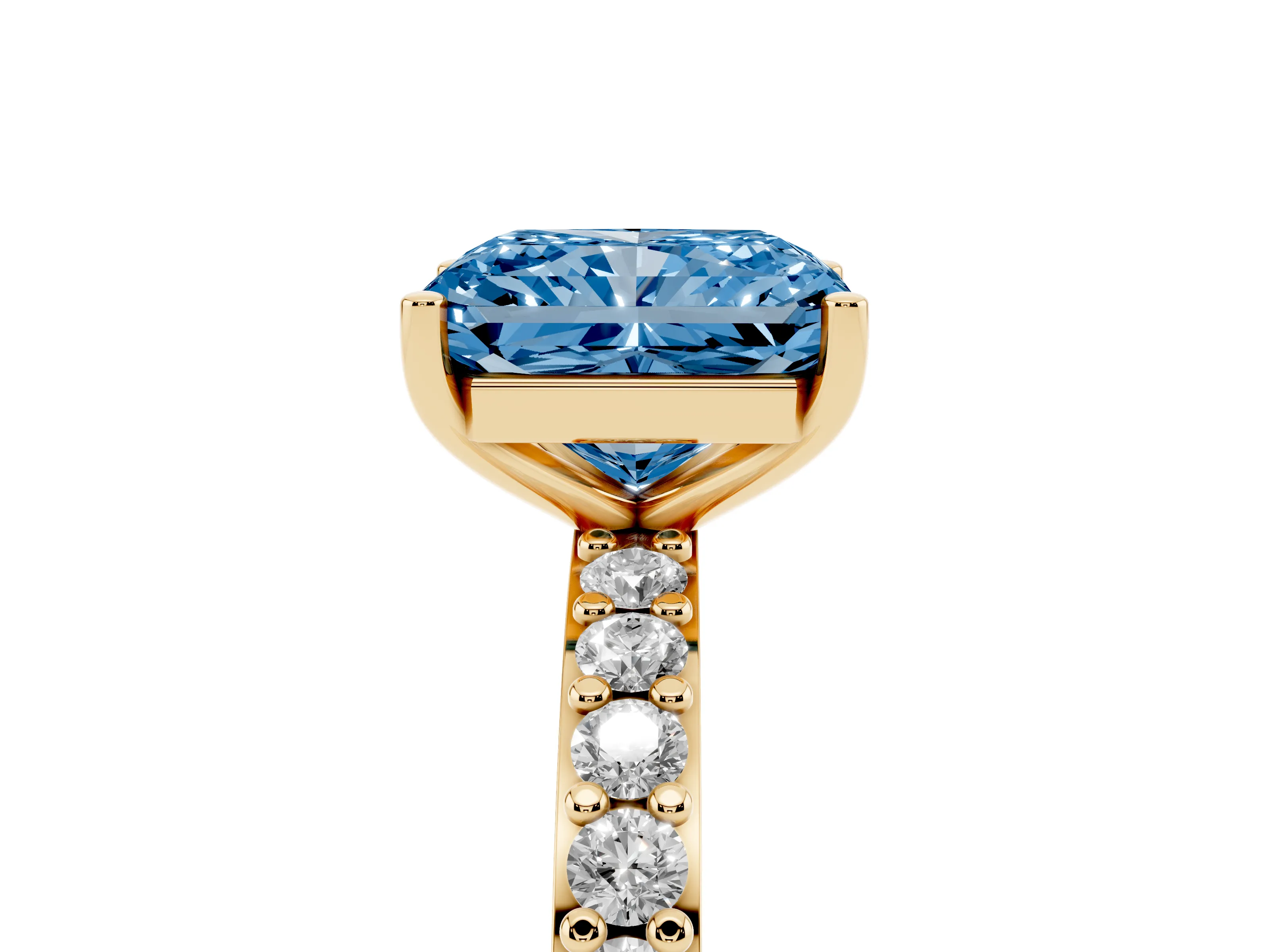 Fancy Blue Radiant Cut Diamond Solitaire Set in Yellow gold with Round Pavé Band and Prong Setting