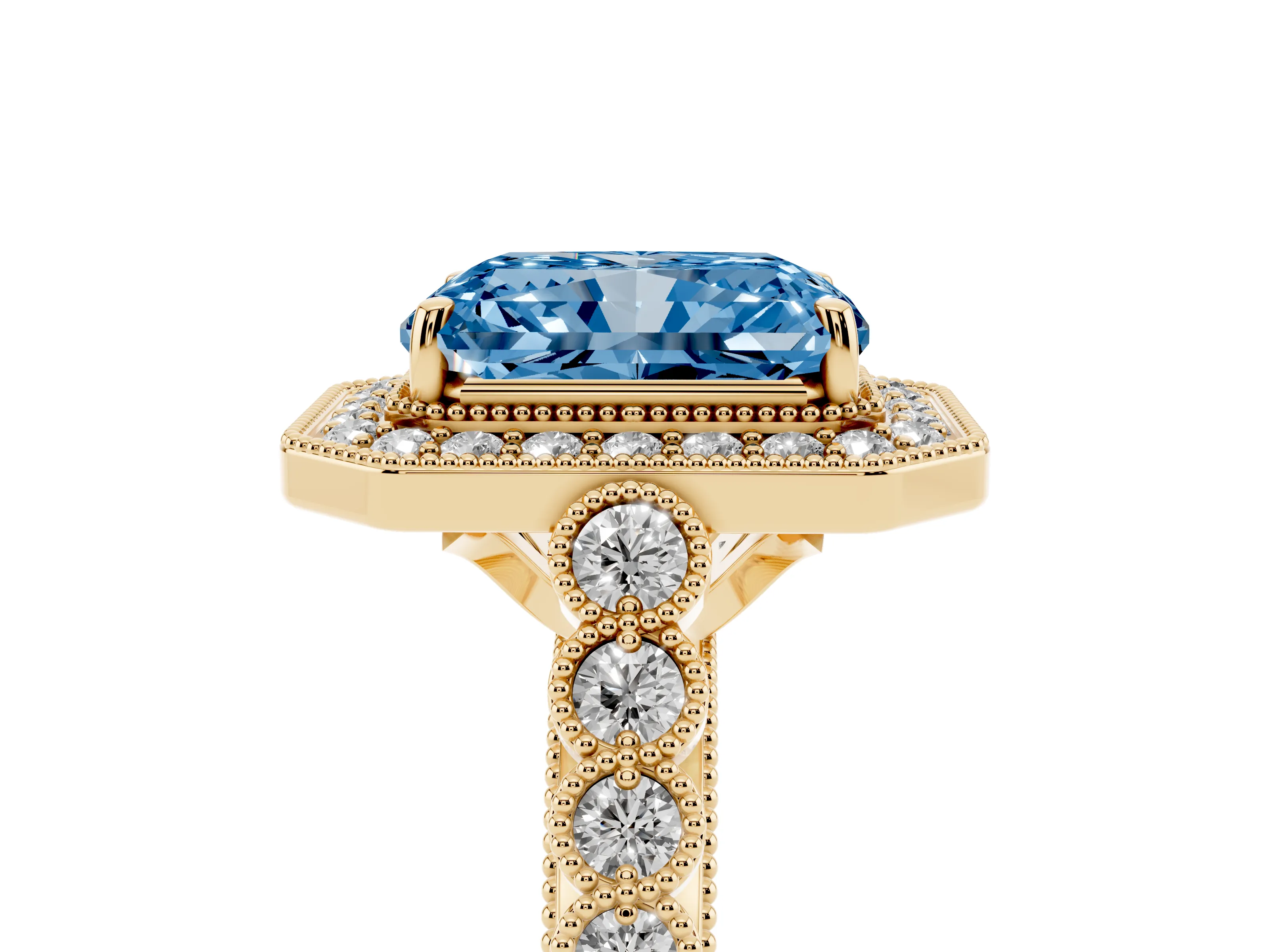 Fancy Blue Radiant Cut Diamond Milgrain Halo Solitaire Ring Set in Yellow gold with Bezel Set Side Stones and Pavé Band