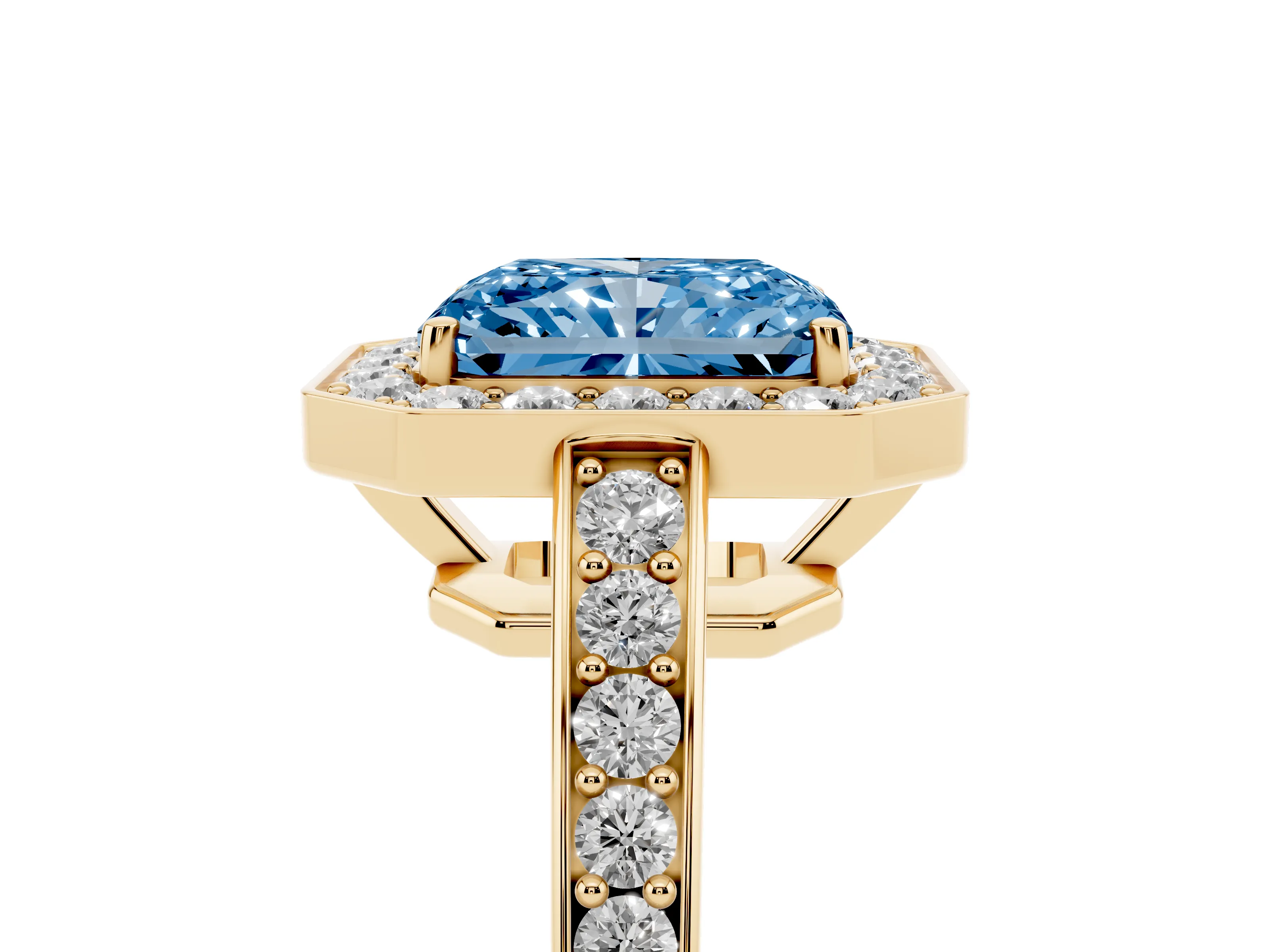 Fancy Blue Radiant Cut Diamond Halo Pavé Engagement Ring Set in Yellow gold with Bezel Setting