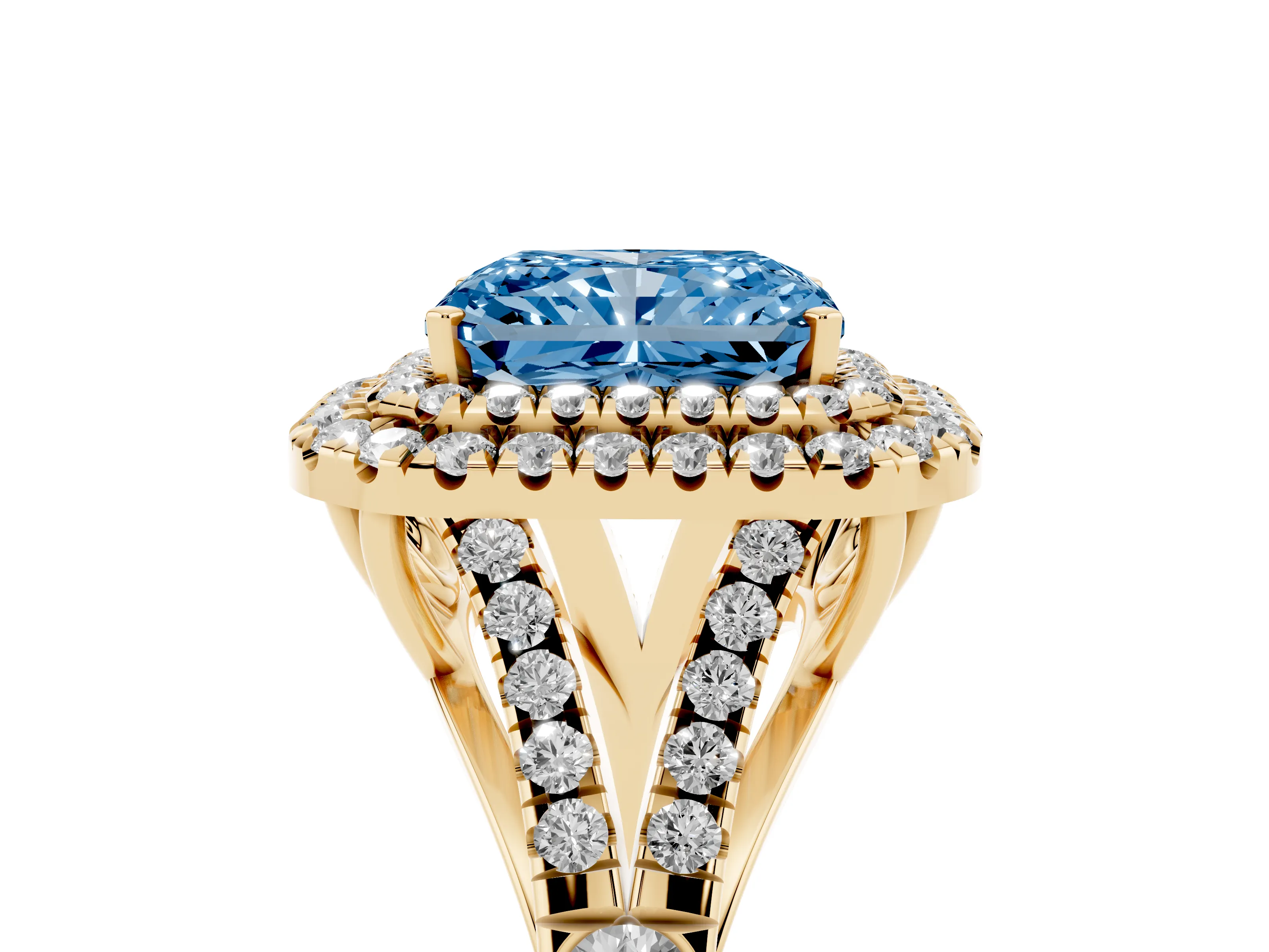 Fancy Blue Radiant Cut Diamond Pavé Split Shank Double Halo Engagement Ring Set in Yellow gold