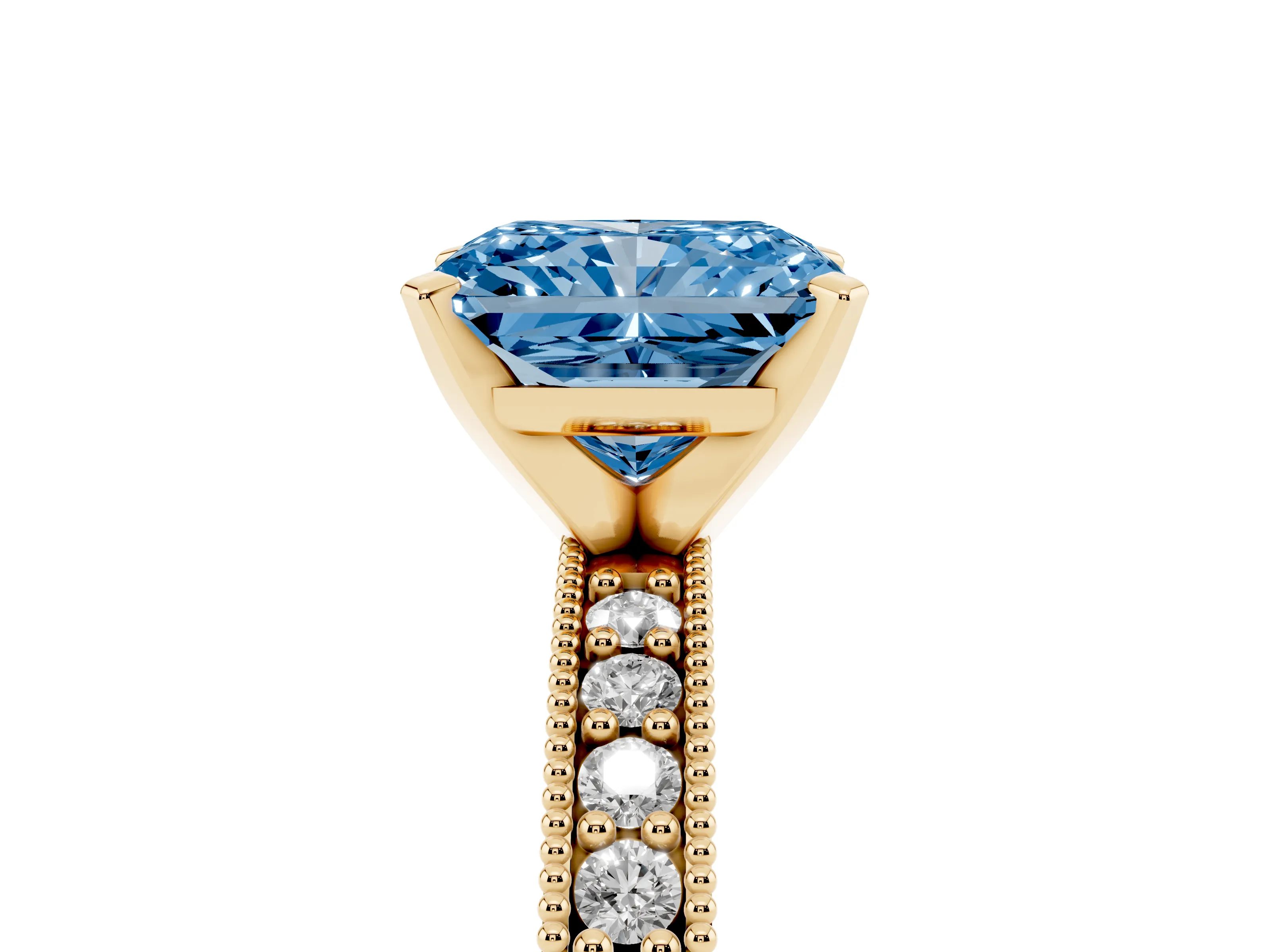 Fancy Blue Radiant Cut Diamond Milgrain Pavé Engagement Ring Set in Yellow gold with Prong Setting