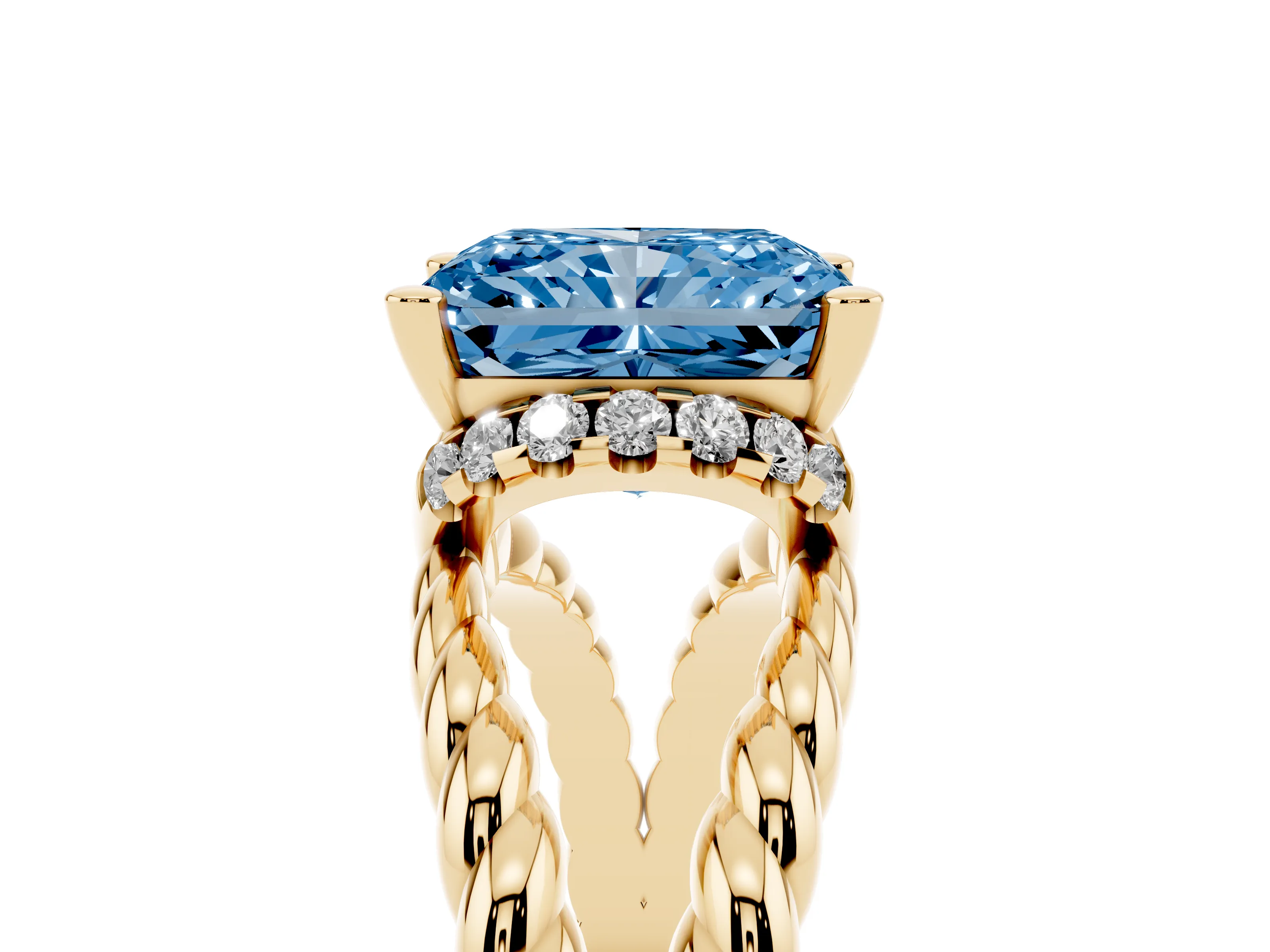 Fancy Blue Radiant Cut Diamond Halo Ring Set in Yellow gold with Twisted Band and Prong Setting