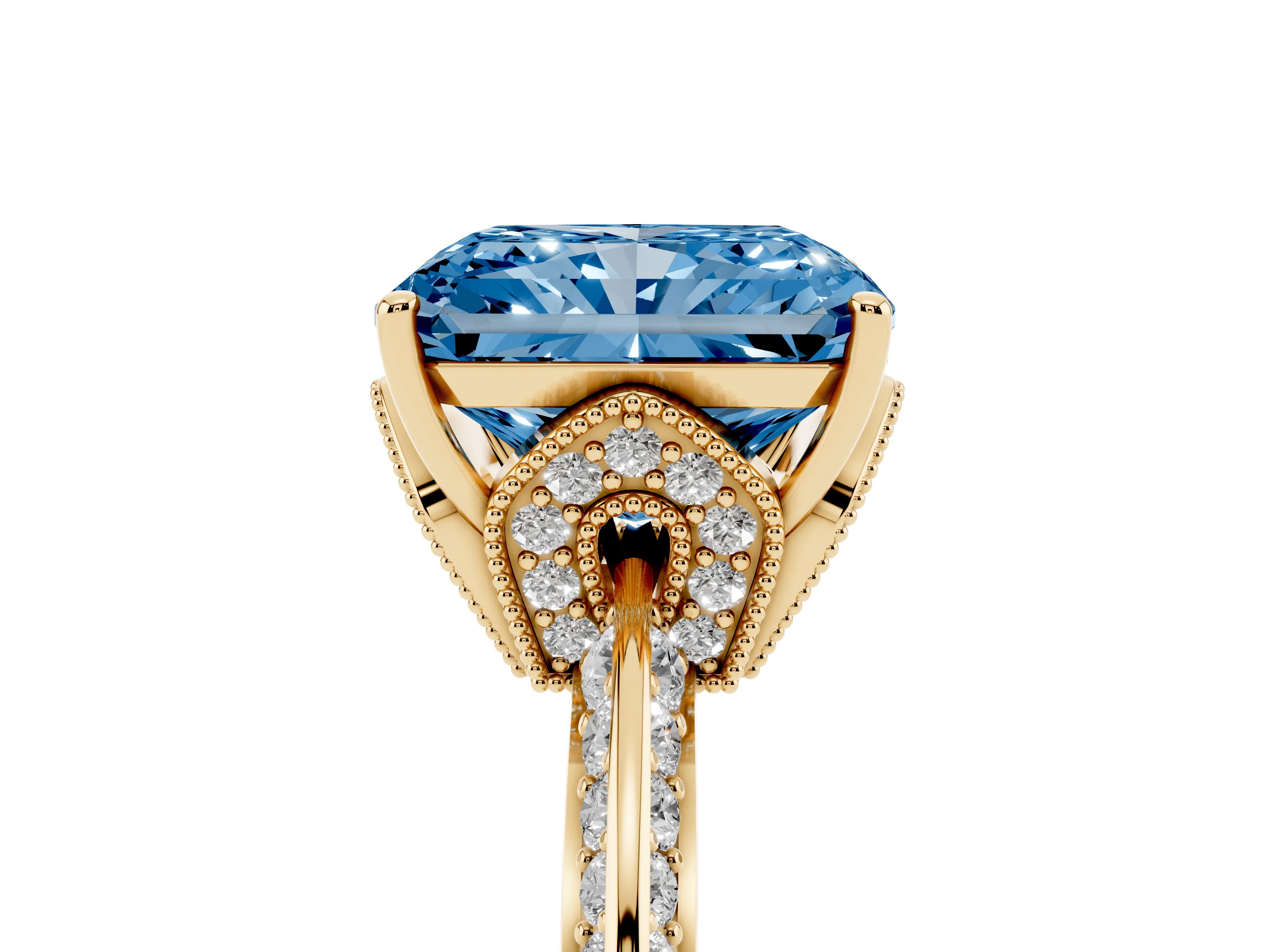 Fancy Blue Radiant Cut Diamond Solitaire Engagement Ring Set in Yellow gold with Pavé Split Shank and Prong Setting