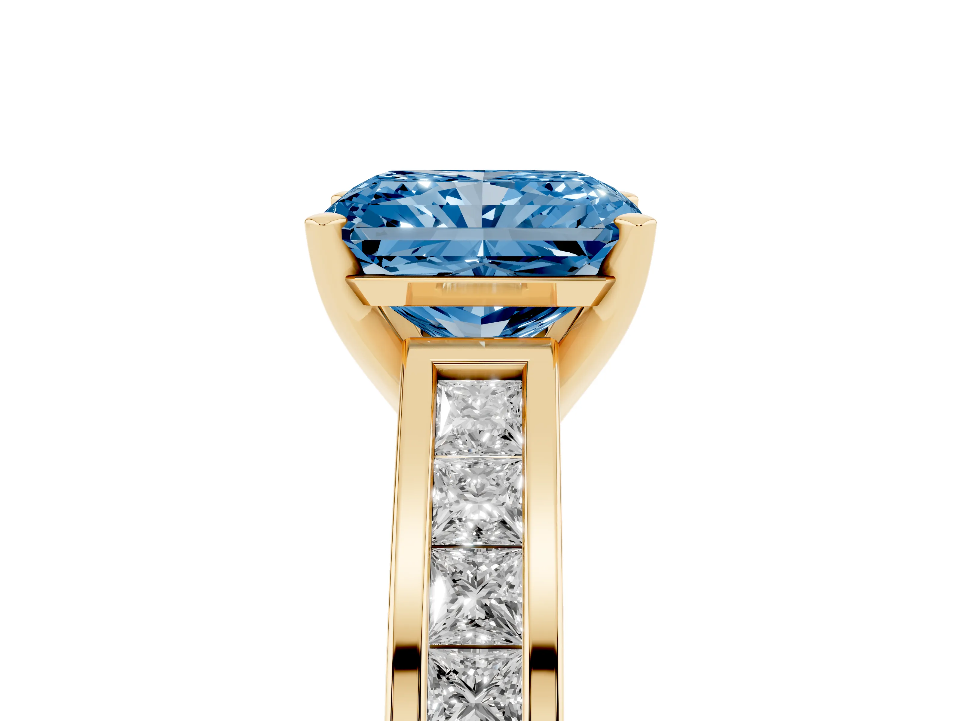 Fancy Blue Radiant Cut Diamond Solitaire Ring Set in Yellow gold with Channel-Set Band and Prong Setting